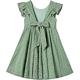 Rysly Toddler Girls Backless Flutter Sleeve Lace Party Dress Elastic Waist Bow Kid Casual Dresses