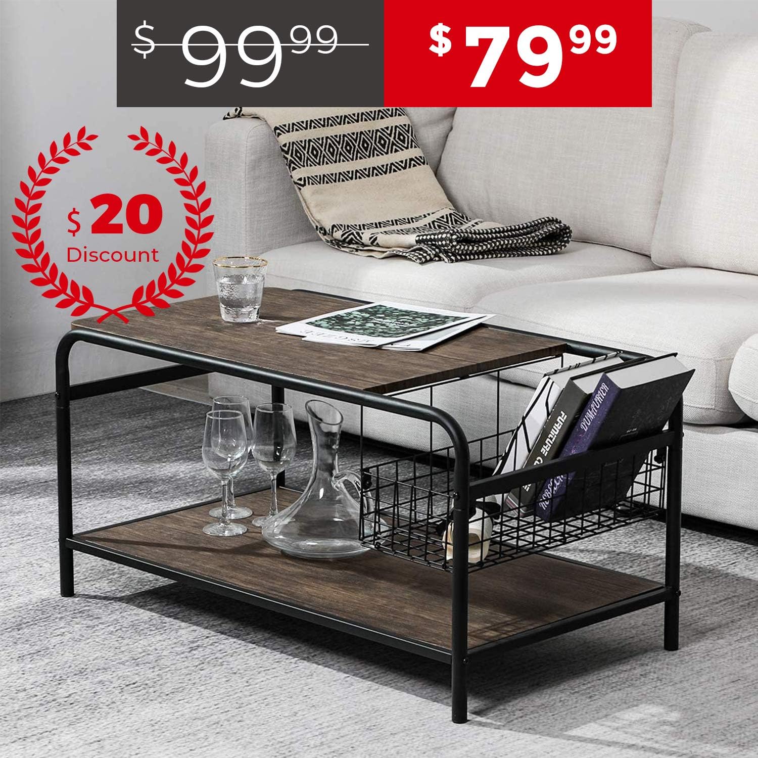 Rustic Coffee Tables with Storage Wood Living Room Tables Industrial Metal Shelf Modern Vintage Sofa Side Tables Cocktail Space Saving Organizer, Walnut Black: Kitchen & Dining
