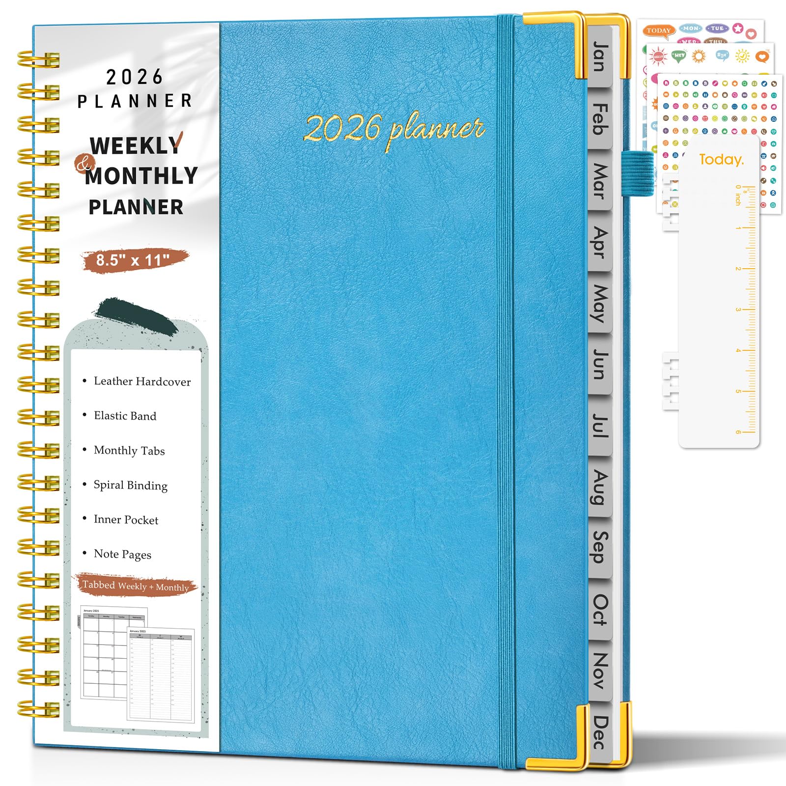 Photo 1 of 2026 Planner, Weekly and Monthly Calendar Planner from January 2026 - December 2026, 8.5" x 11" Hardcover Leather Hourly Appointment Book with Tabs, Spiral Daily Planners for College School Work Home, Sky Blue