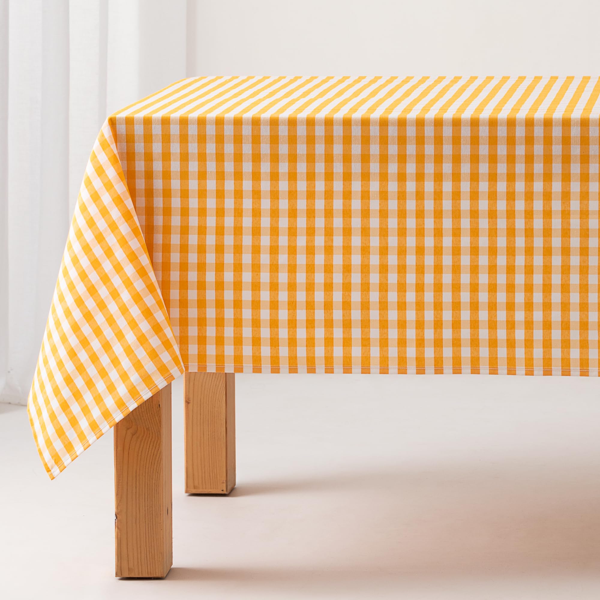 Stain-Resistant Gingham Table Cloth, Cotton, 140 x 300 cm, Yellow
