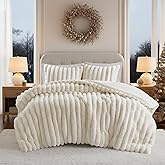 Madison Park Jasmine King Comforter Set, Luxurious Reversible Faux Fur Plush Ribbed Velvet Bedding, Fuzzy Thick Warm Winter Comforter, Super Soft Fluffy 3-Piece Set Ivory