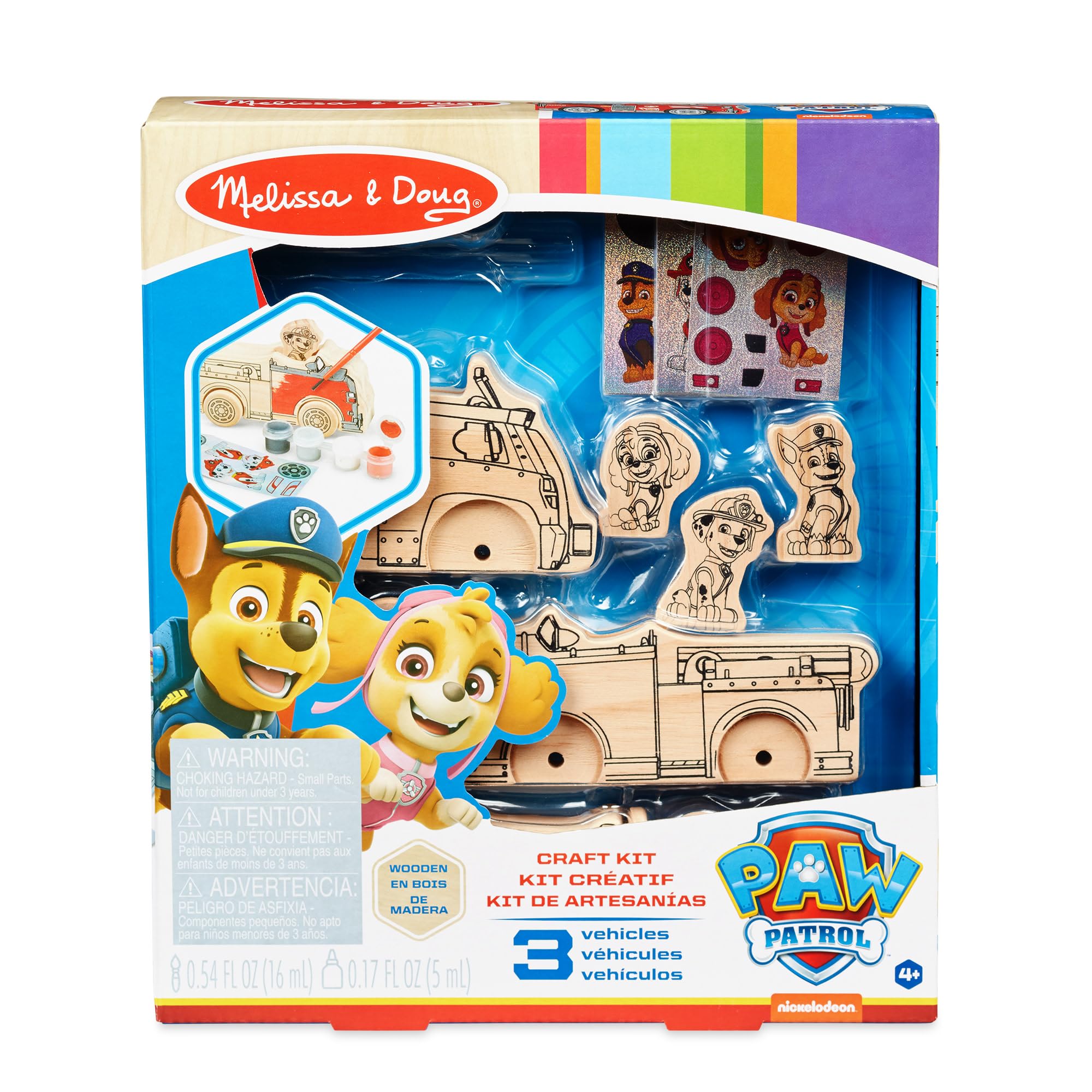 Melissa & Doug PAW Patrol Wooden Vehicles Craft Kit โ 3 Decorate Your Own Vehicles with Paint & Stickers โ Includes Chase, Marshall & Skye Play Figures โ Creative Toy for Kids Age 4+ โ image 1