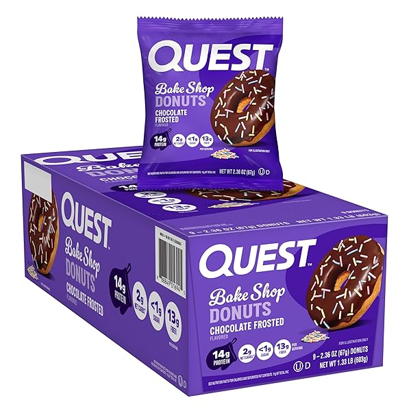 QUEST NUTRITION BAKE SHOP, CHOCOLATE FROSTED DONUTS, 14G PROTEIN, LESS THAN 1G SUGAR, PROTEIN SNACK, LOW SUGAR, 9 COUNT