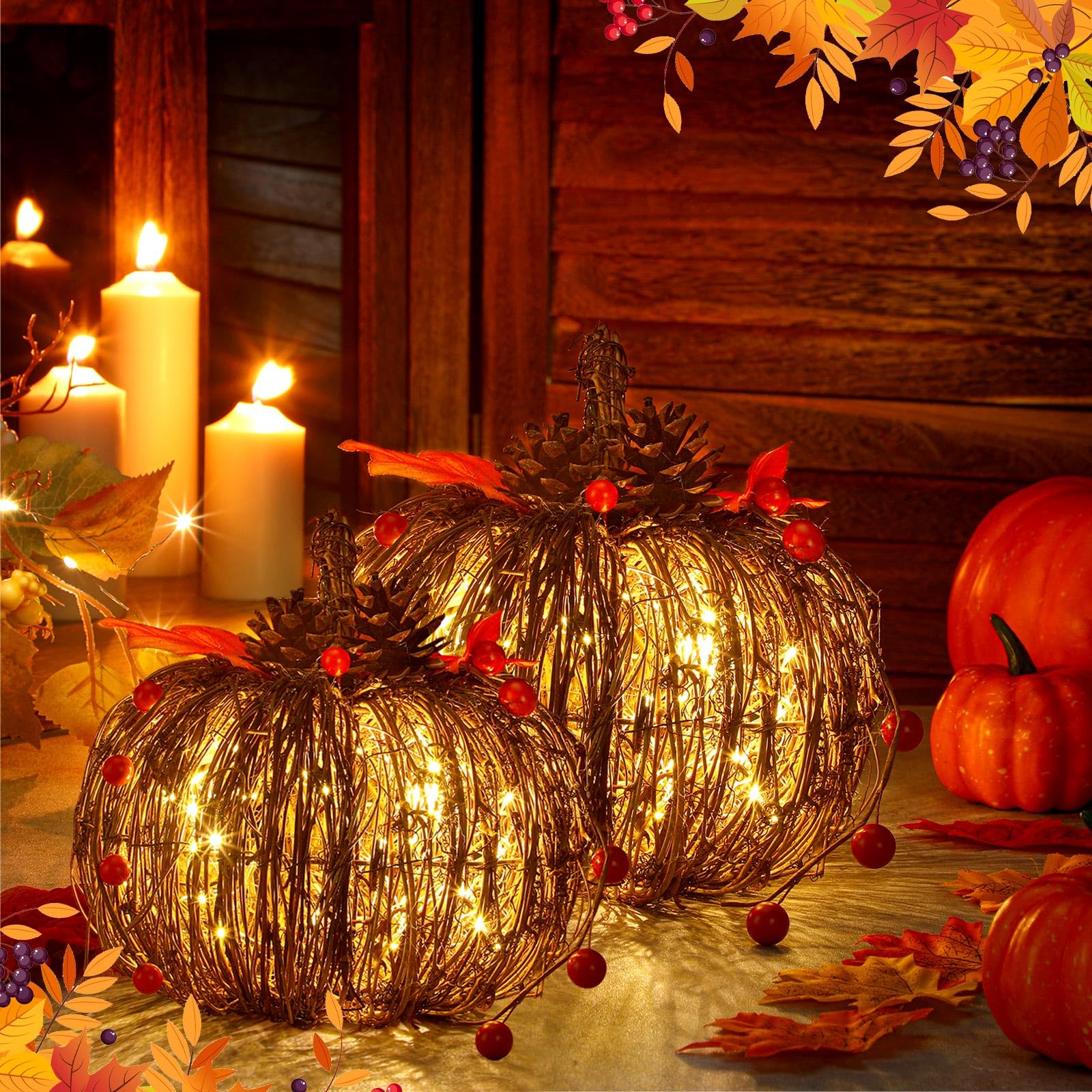 Photo 1 of Wonderjune 2 Pcs Rattan Lighted Pumpkin Fall Decorations Artificial Rattan Pumpkin Lanterns LED Fall Lighted Harvest Indoor Outdoor Halloween Thanksgiving Decor Porch (Brown,8 6 Inch)