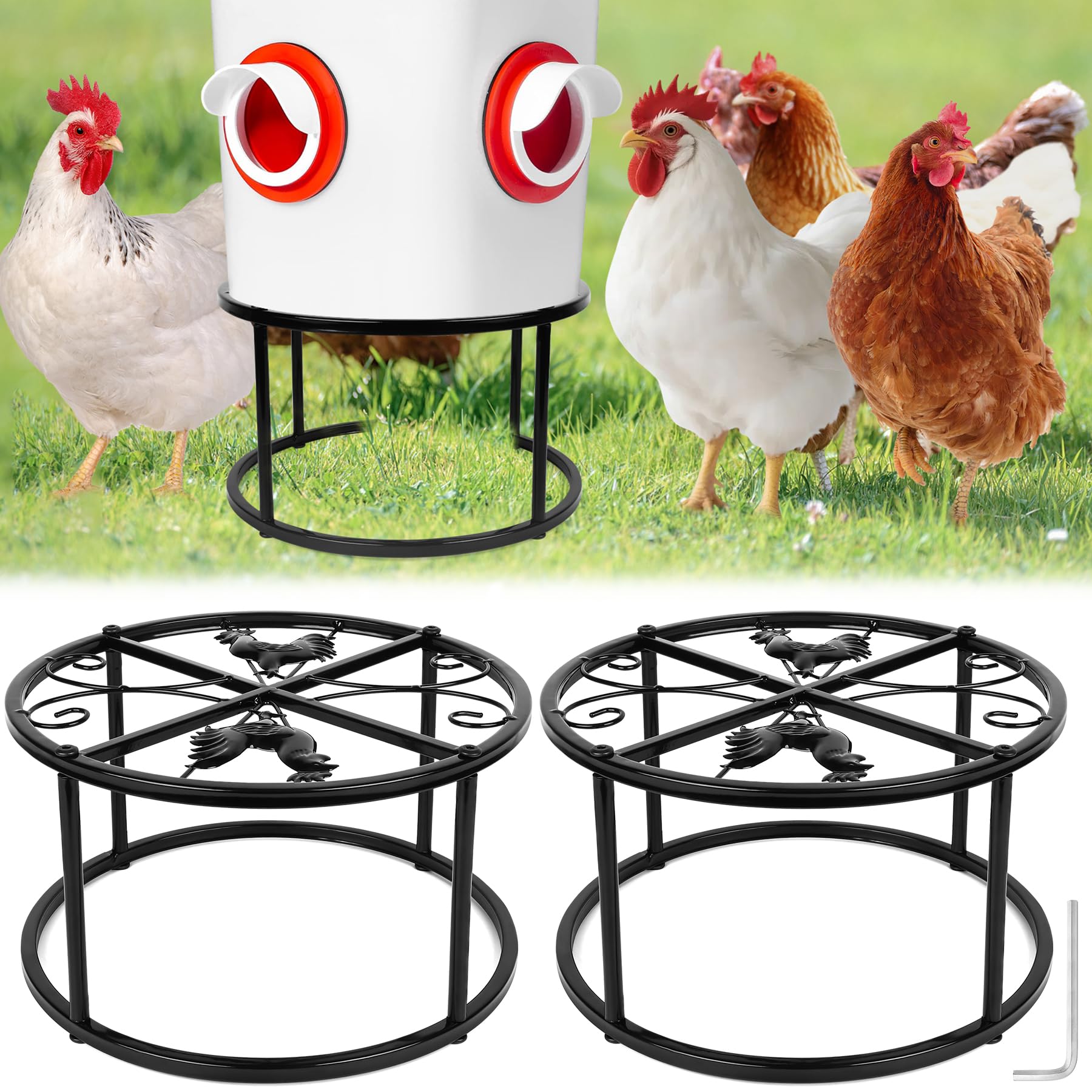 Photo 1 of 2 PCS Metal Stand for Chicken Feeder Waterer, Heavy Duty Chicken Feeder Stand Holder, Round Support Rack with 4 Rust-Resistant Iron Legs, Buckets Stand for Coop Poultry Indoor Outdoor Use, Black