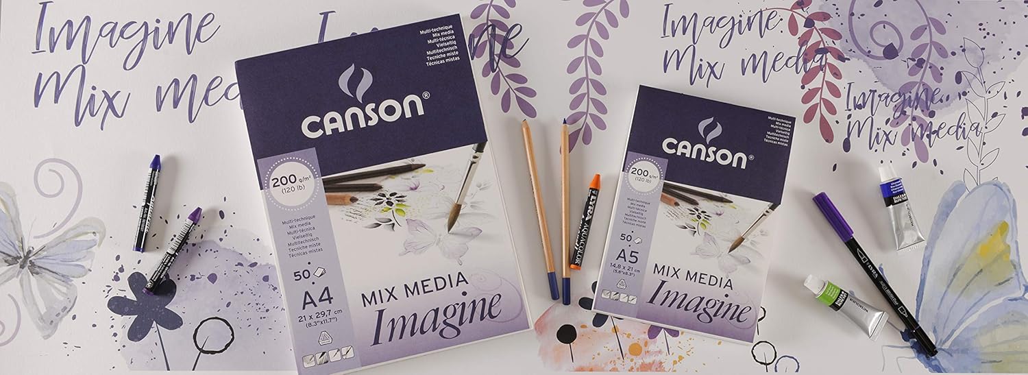 Canson Imagine A5 200g White Mixed Media Paper Pad, Light Grain, Markers, Brushes, Felt Tip-Pens - Image 4