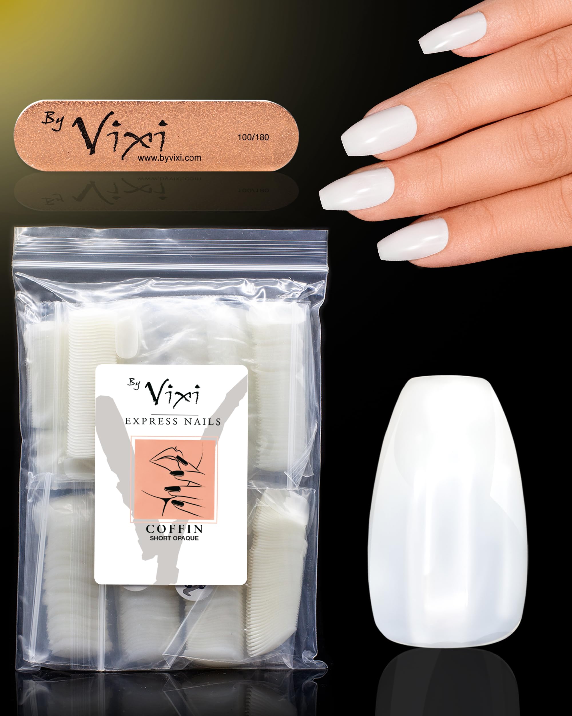500 Short Coffin Press On Nails Set with By Vixi Prep File – Natural Full Cover False Nails, Stick On Fake Nail Tips, 10 Sizes, Acrylic Nail Extensions for Gel Polish & Nail Art