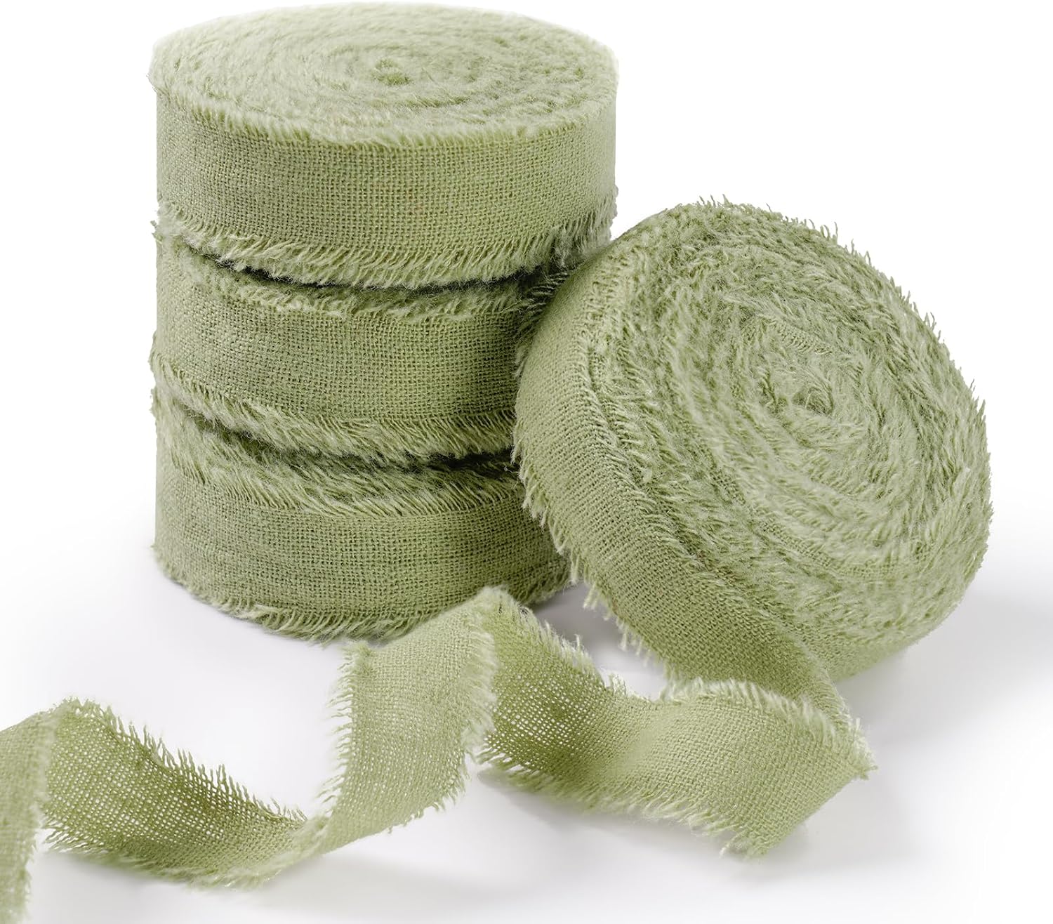 FAKILO Natural Rustic Cotton Ribbon with Frayed Edge, Sage Green 100% Cotton Ribbon 5/8"x 24yds for Vintage Wedding Bouquets,Invitations,Baby Shower,Gift Wrapping,DIY Crafts,Home Decor