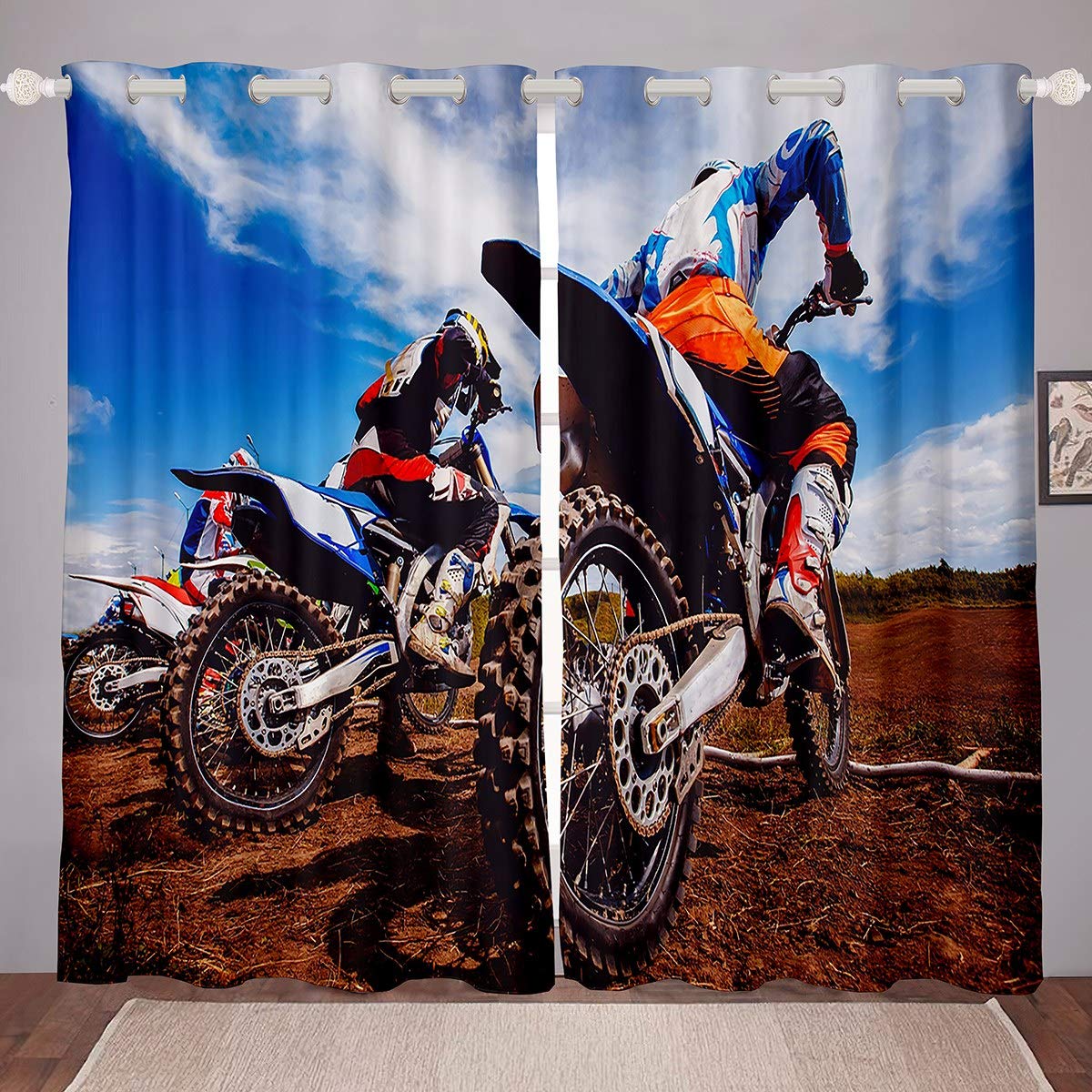 Homemissing Motocross Rider Window Drapes Extreme Sports Theme Window Treatments Motorcycle Curtain Cool Dirt Bike Motorbike Window Curtain for Bedroom Living Room Decor W46*L72