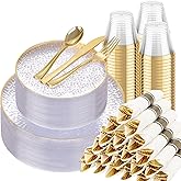 Hioasis 350pcs Clear Gold Plastic Plates - Clear Plastic Dinnerware Set Includes 50 Dinner Plate, 50 Dessert Plate, 50 Cups, 50 Napkins Perfect for Wedding & Party