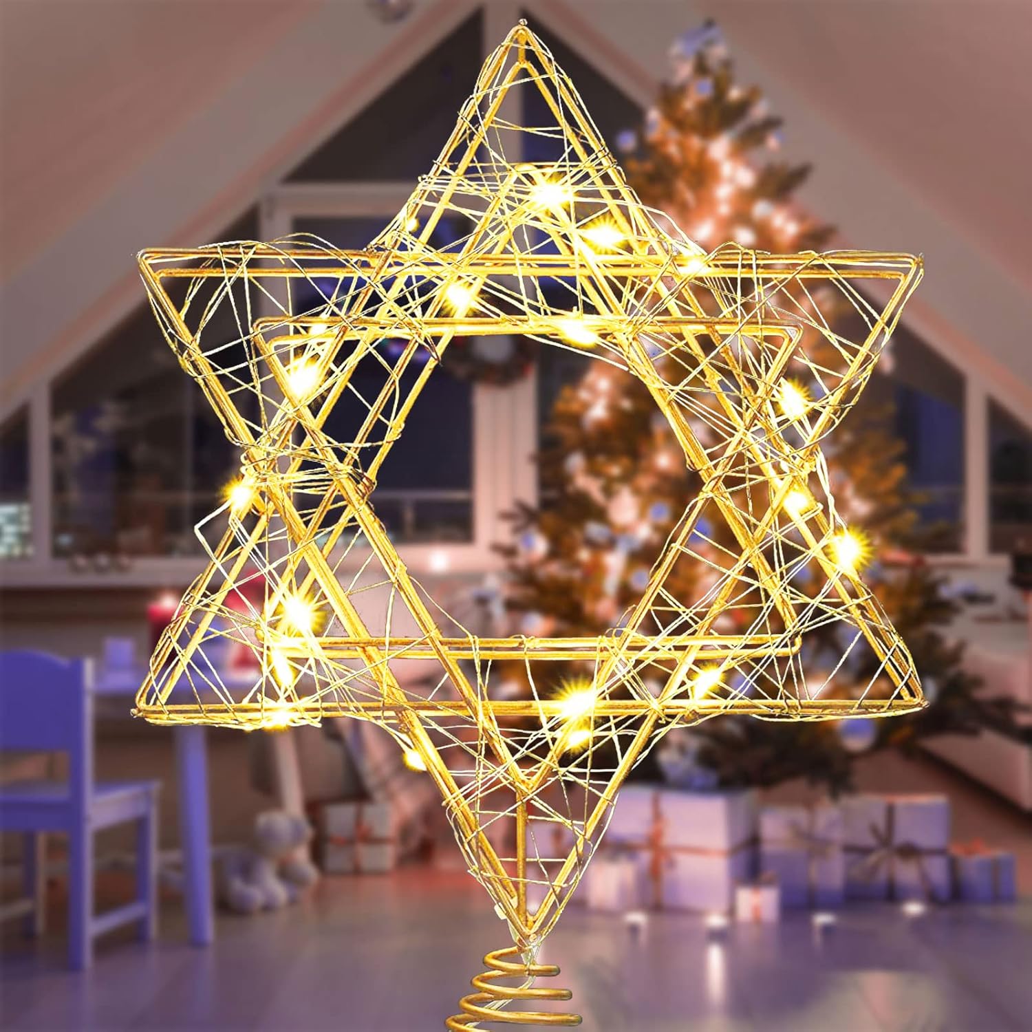 Tree Toppers - Bestpty 11 Inch Christmas Tree Star Topper 3AA Battery Powered Christmas Tree Topper Lighted, Gold Iron Christmas Tree Star Topper with 20LED Lights, for Christmas, Party & Home(Warm Light)