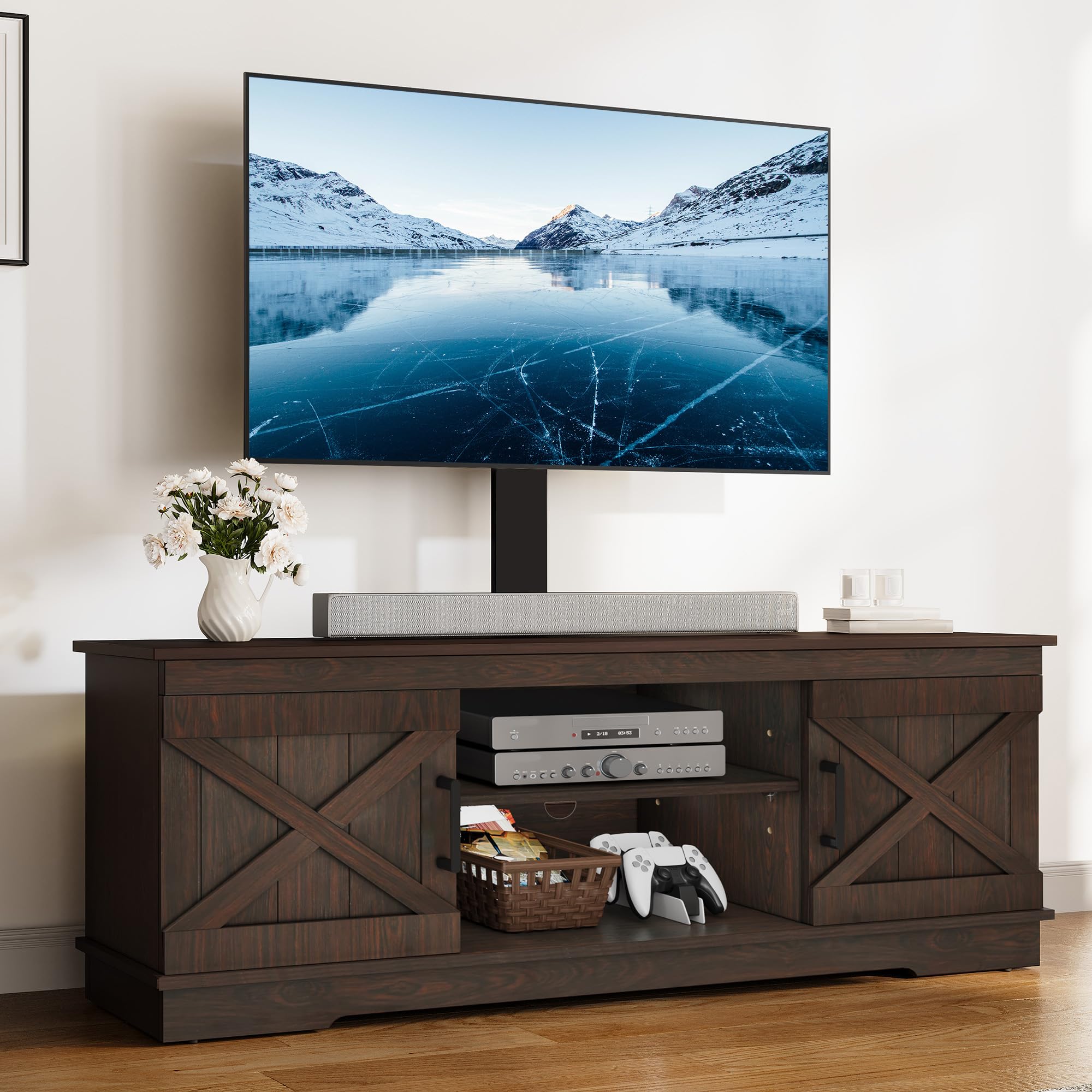 Photo 1 of ***MISING HARDWARE***YITAHOME Farmhouse TV Stand with Mount, Sturdy TV Stand Mount for 32/45/55/60/65/70 inch TVs, Entertainment Center with Adjustable Shelf, TV Cabinet Media Console for Living Room, Espresso