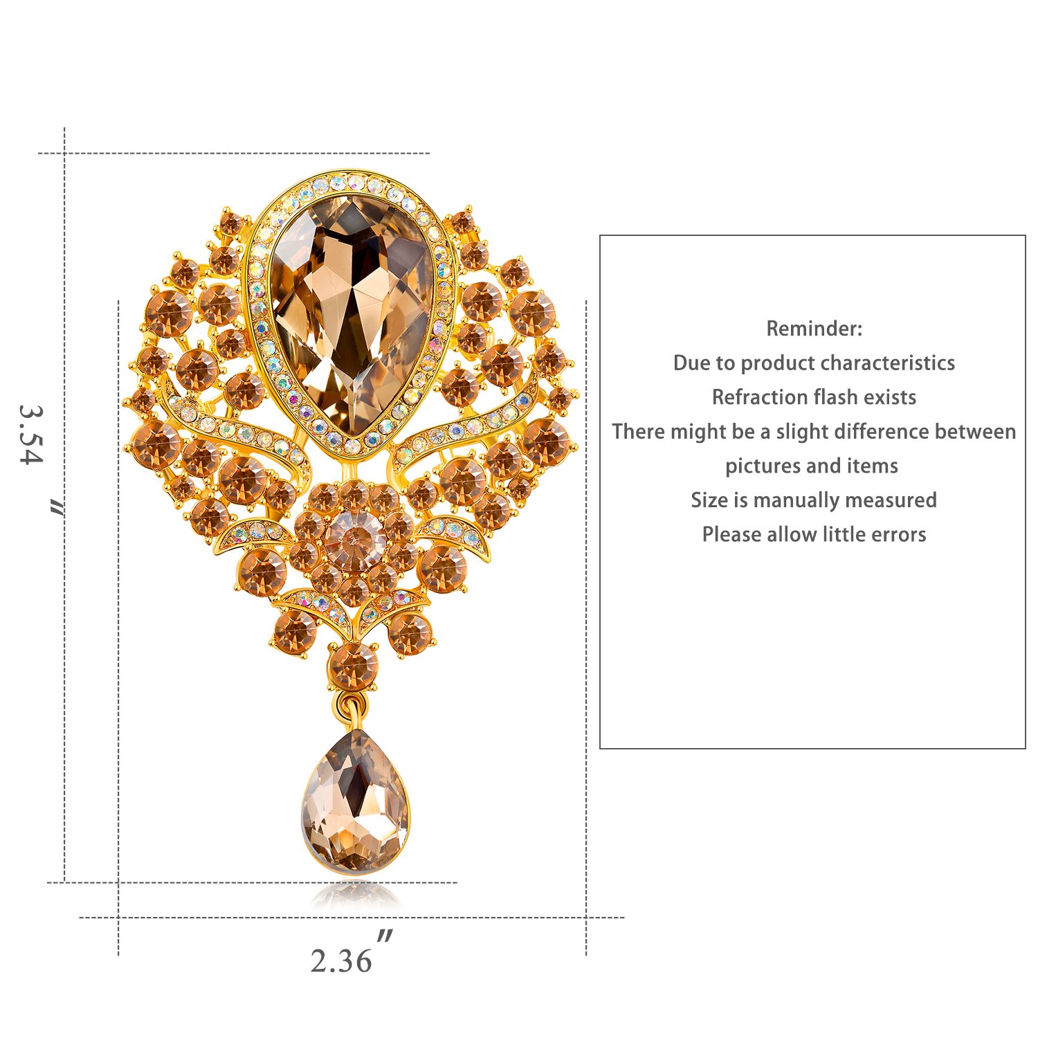 Elehere Crystal Brooch Pin - Large Wedding Dangling Rhinestone Brooch Bouquet DIY, Ceremony Decoration (Champagne Gold)