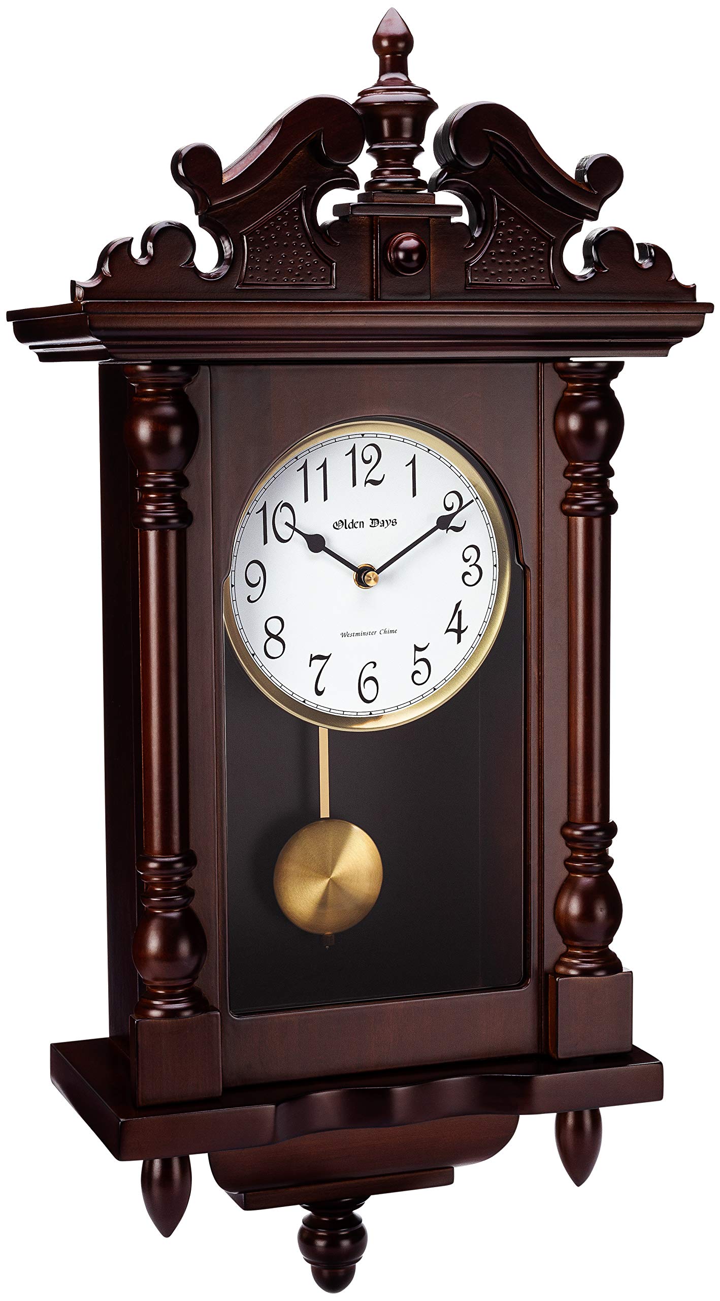 Wall Clock with Real Wood, 4 Chime Options, Swinging Pendulum, Antique Vintage Design, 22