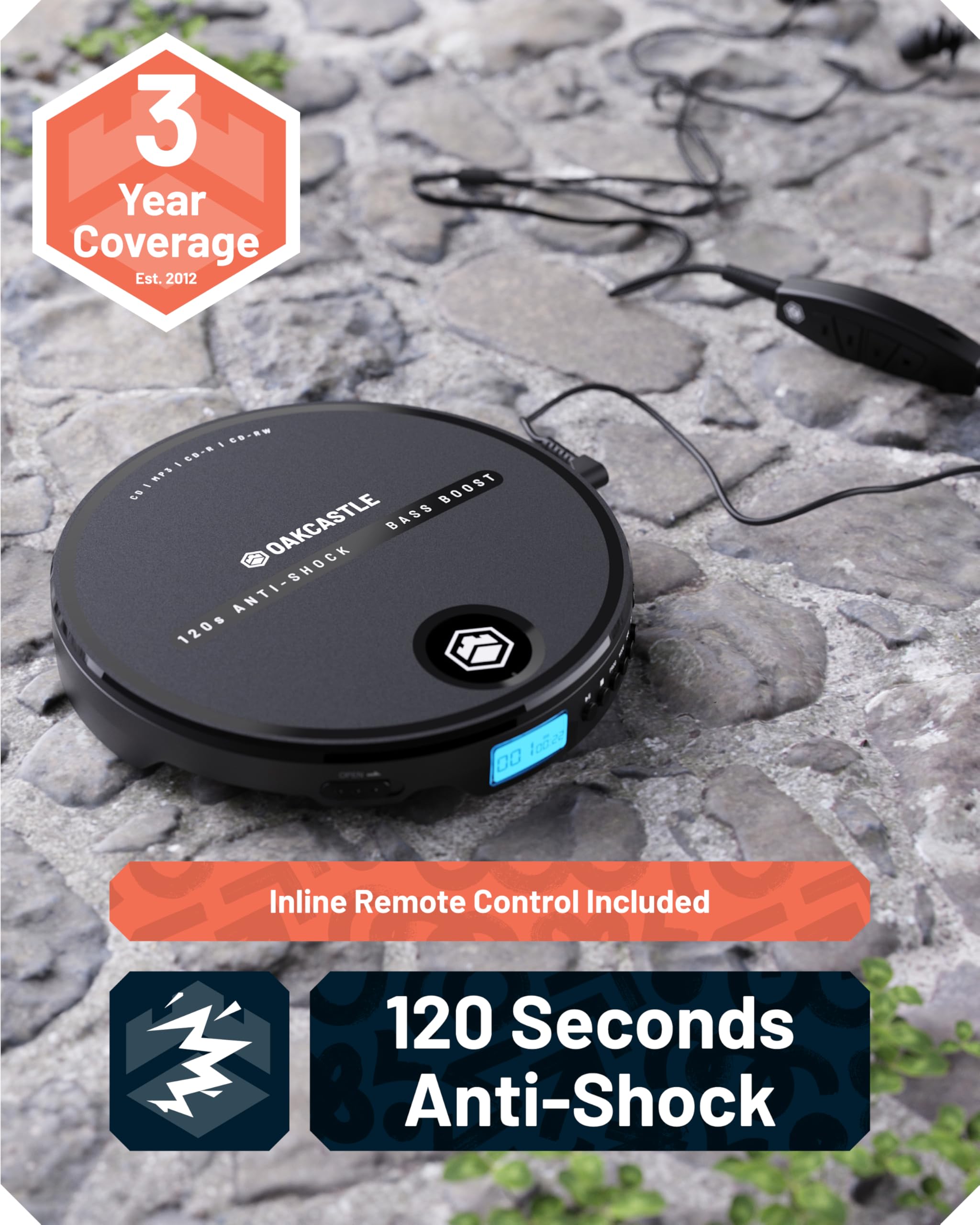 Personal CD Player | Portable Music Player with Included in-Line Control Earphones | 7 Hour Battery Playtime, in-Car AUX Compatibility | Bass Boost, Hold Lock and Anti-Skip Function | OAKCASTLE CD10