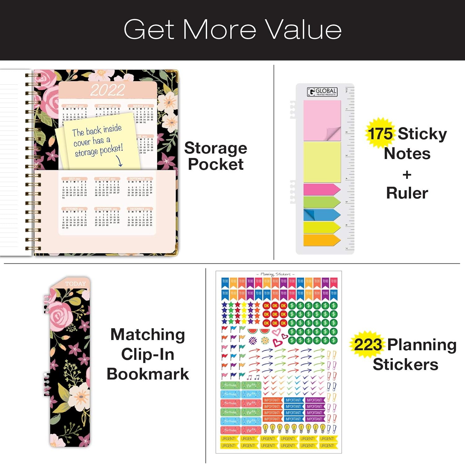 HARDCOVER Academic Year 2021-2022 Planner: (June 2021 Through July 2022) 8.5"x11" Daily Weekly Monthly Planner Yearly Agenda. Bookmark, Pocket Folder and Sticky Note Set (Black Floral) : Office Products