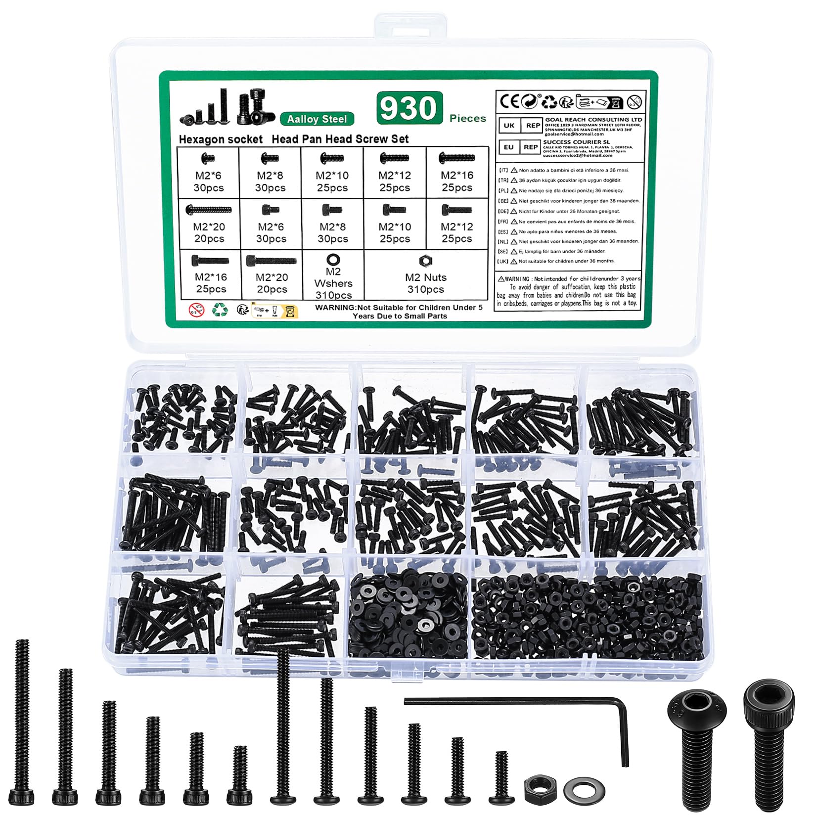930 Pcs M2 Bolts and Nuts Set with Washers, Hex Socket Head Cap Screws Bolt Set & Hex Socket Button head Cap Screw, Small Pan Hear Machine screws bolts, 12.9 Grade/10.9 Grade Carbon Steel, Black