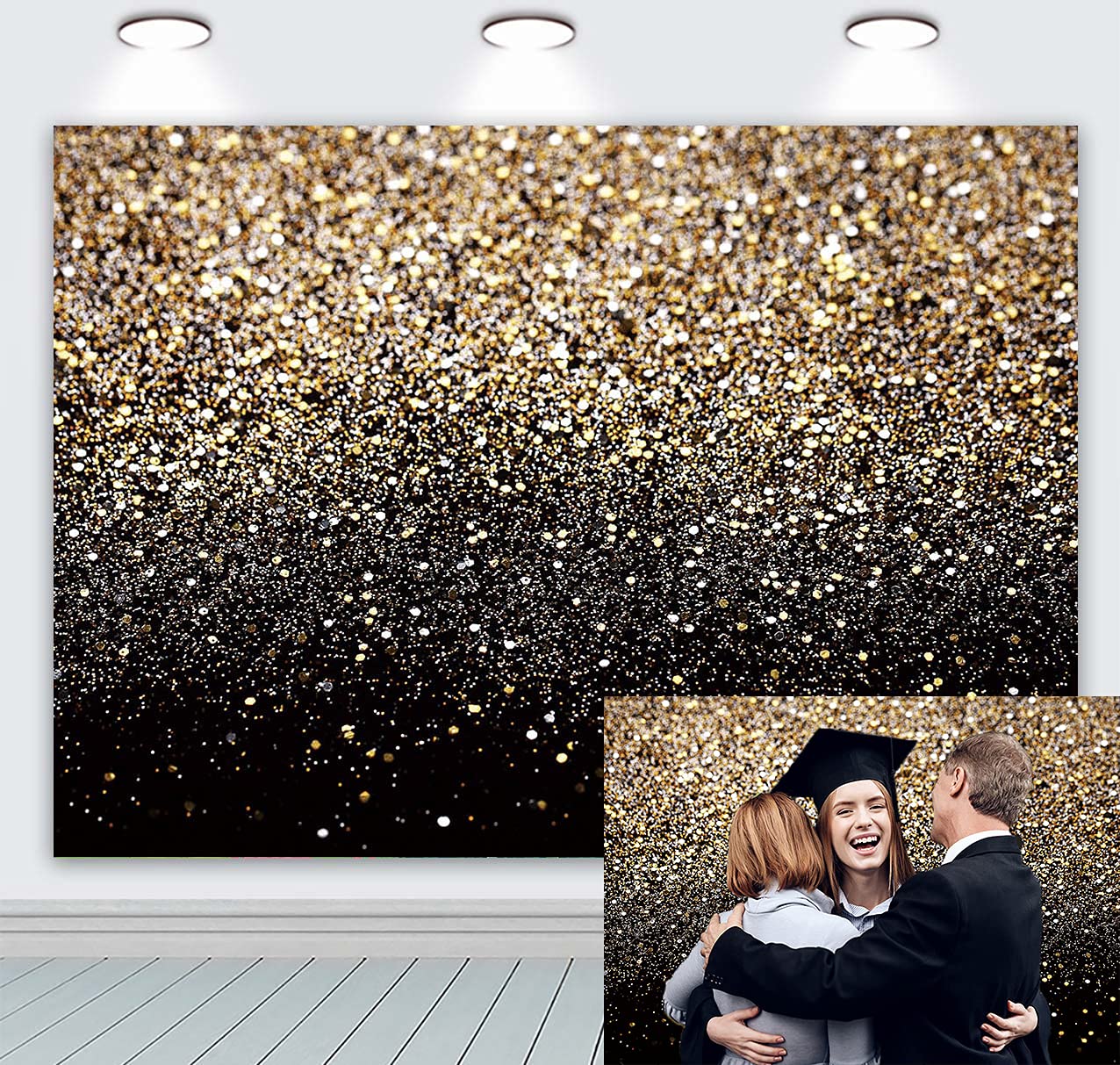 Black and Gold Backdrop Golden Spots Glitter 2026 New Year Graduation Photography Background Starry Sky Wedding Adult Baby Children Family Party Decor Portrait Shooting Photo Video Studio Booth 7x5FT