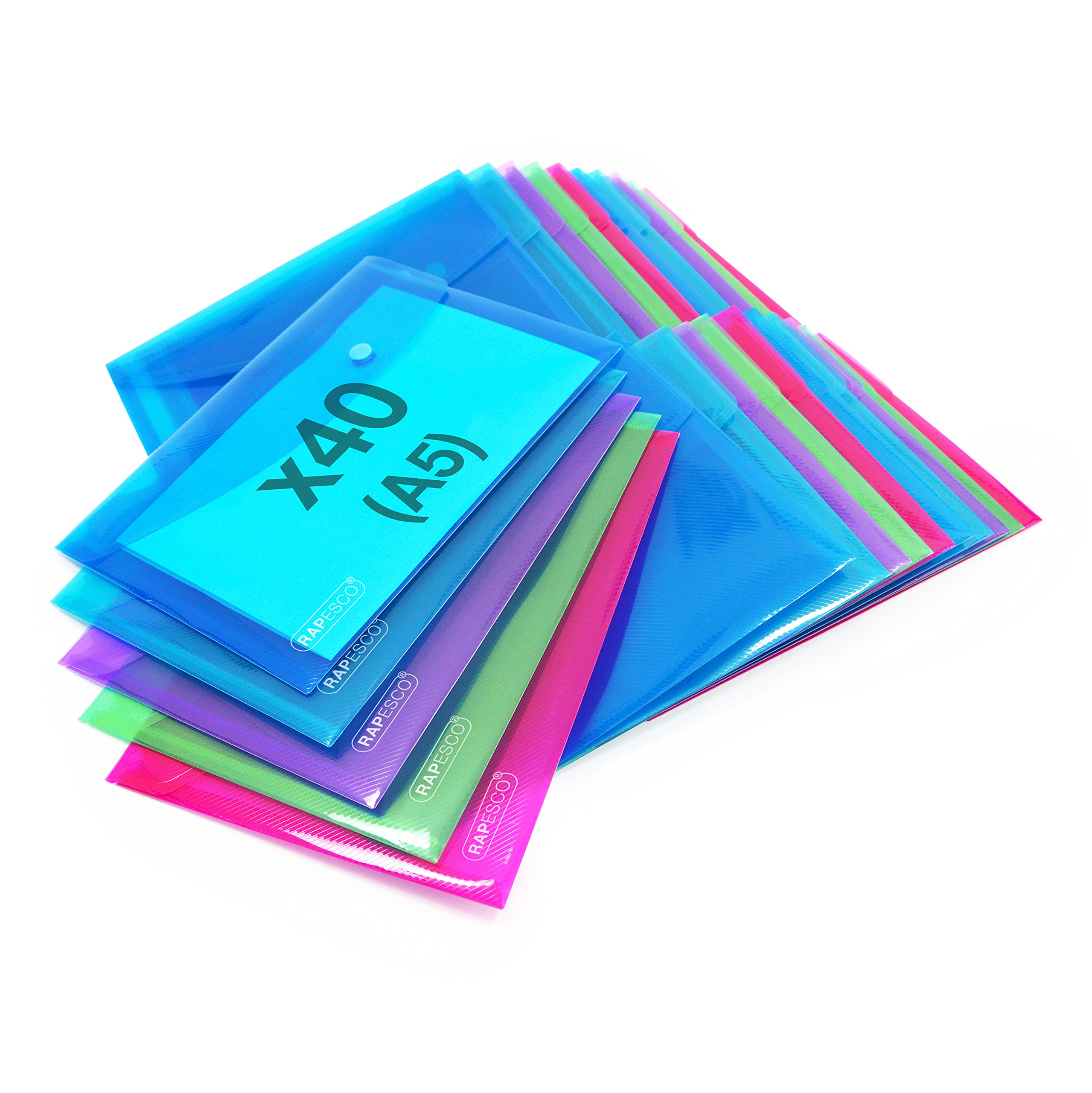 Rapesco 1680 ECO Recycled Popper Wallets, A5, Assorted Bright Transparent Colours, Pack of 40