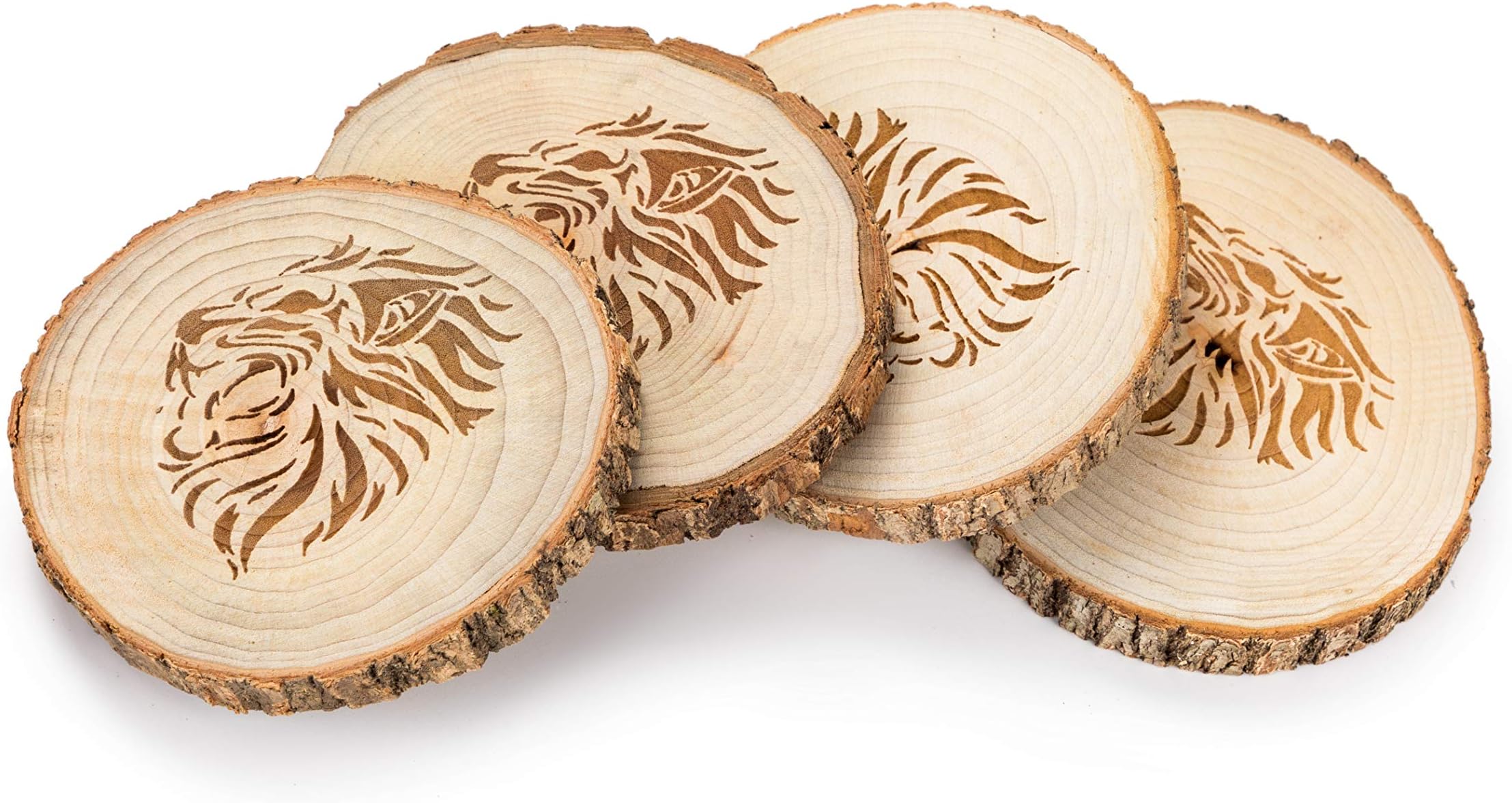 WONBSDOM Natural Wood Slices Coasters 4.0"-4.9"Set of 4(Lion) Unfinished Cut Camphor Wood Thick Wood Slices Circles with Tree Bark Log Discs for DIY Craft Christmas Rustic Wedding Ornaments