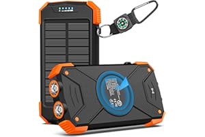 Solar Power Bank, Qi Portable Charger 10,000mAh External Battery Pack Type C Input Port Dual Flashlight, Compass (IPX4 Splash