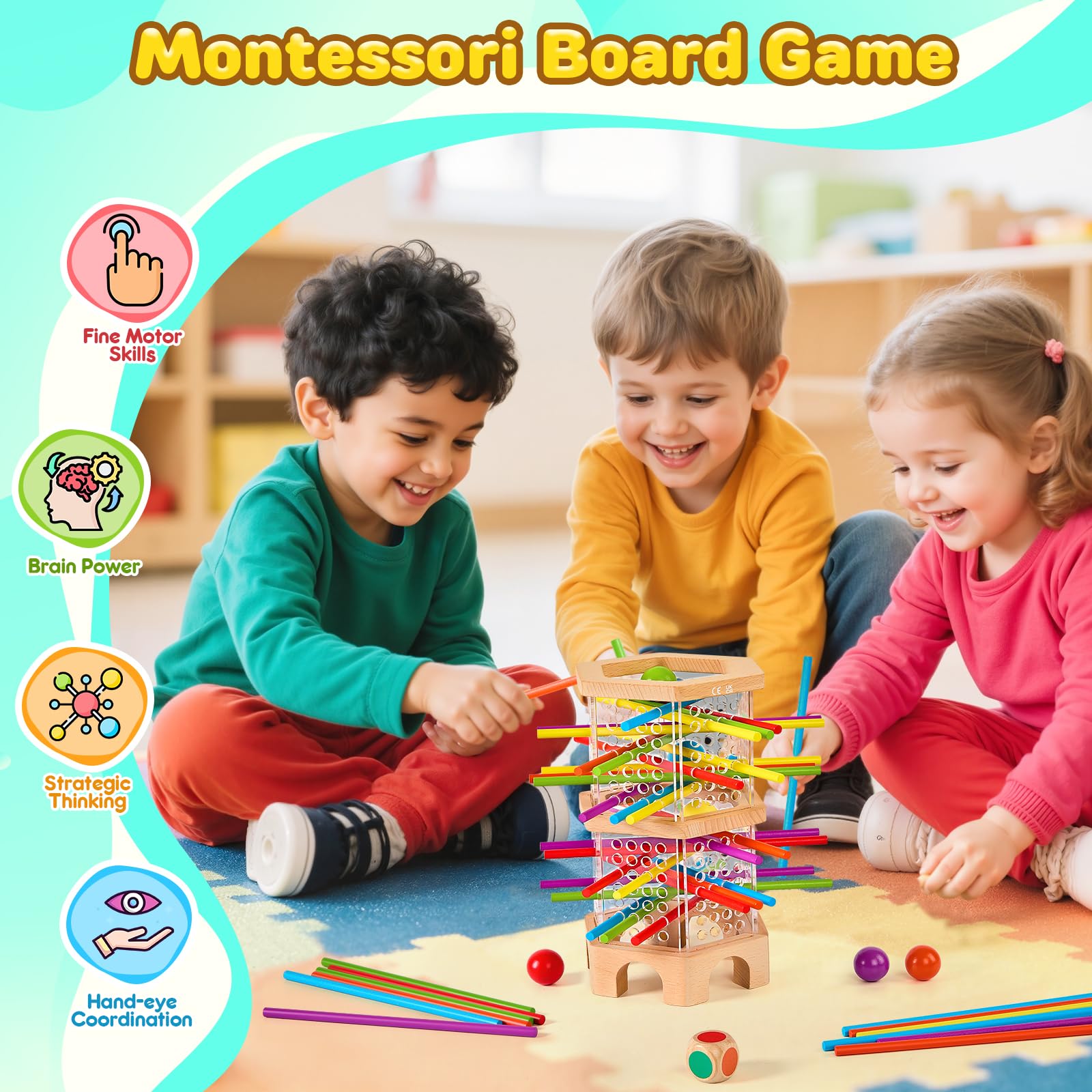 Montessori Spiel Brettspiel aus Holz, Spiele ab 4 Jahren, Holzspielzeug Kinderspiele Lernspiele ab 3 4 5 6 Jahren, 42 Bunte Holzstäbchen Lernspiele Reisespiel Würfelspiele Jungen Mädchen Geschenk 2