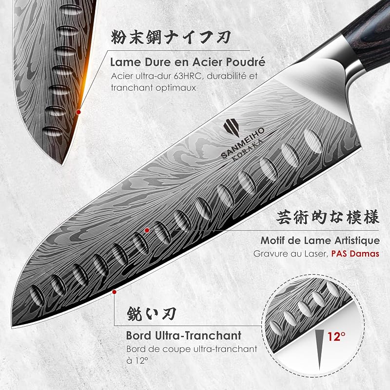 Couteau Santoku Japonais 18cm Acier en Poudre, Couteau de Cuisine — photo 4 sur 8