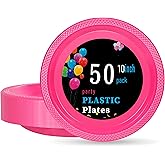 WELLIFE Hot Pink Plastic Plates 10 Inch 50 Count Disposable Plate Valentine's Day Plates for Party, Large Big Plates for Dinner Party Supplies Birthday Camping BBQ