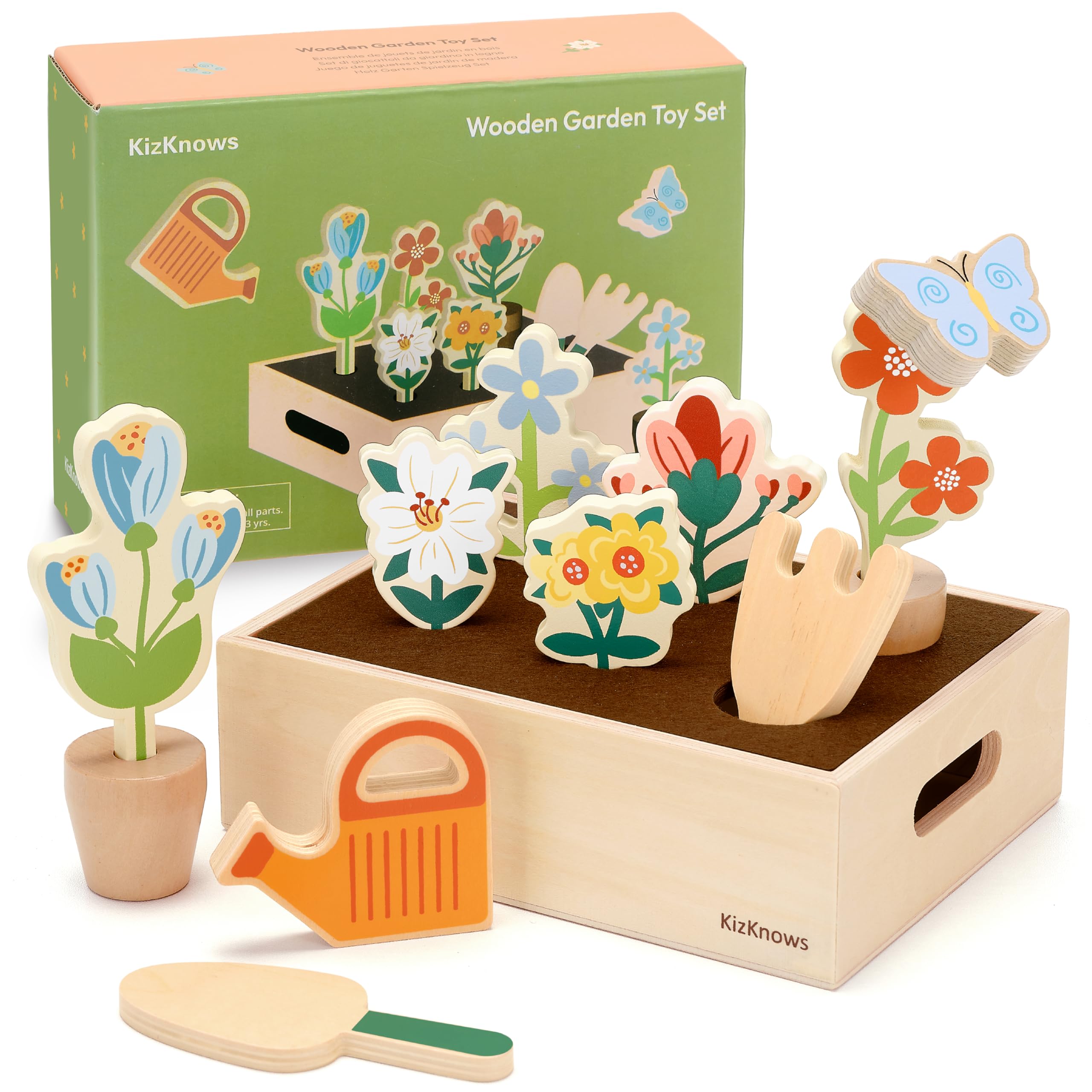 KizKnows Wooden Toy Flower Garden Set Natural Gardening Toy Playset for Toddlers Pretend Play Wooden Toy Food Set Indoor Garden Educational Gift for Girls Boys 3 Years and Up