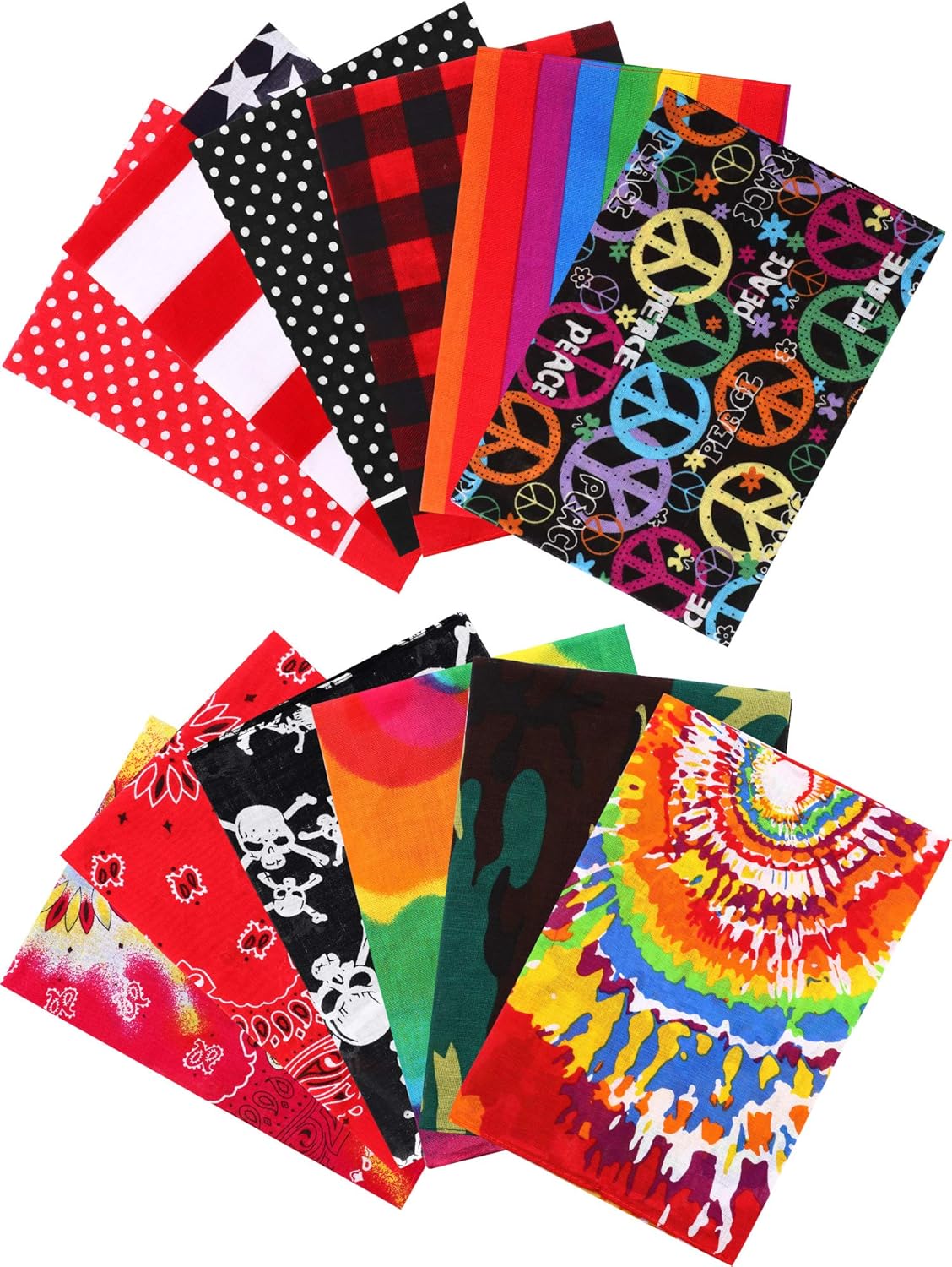 SATINIOR Dozen of Cotton Fine Novelty Print Unisex Tie Dye Bandanas Headwraps for Hippie (Style A),55 x 55 cm/ 22 x 22 inch: Clothing