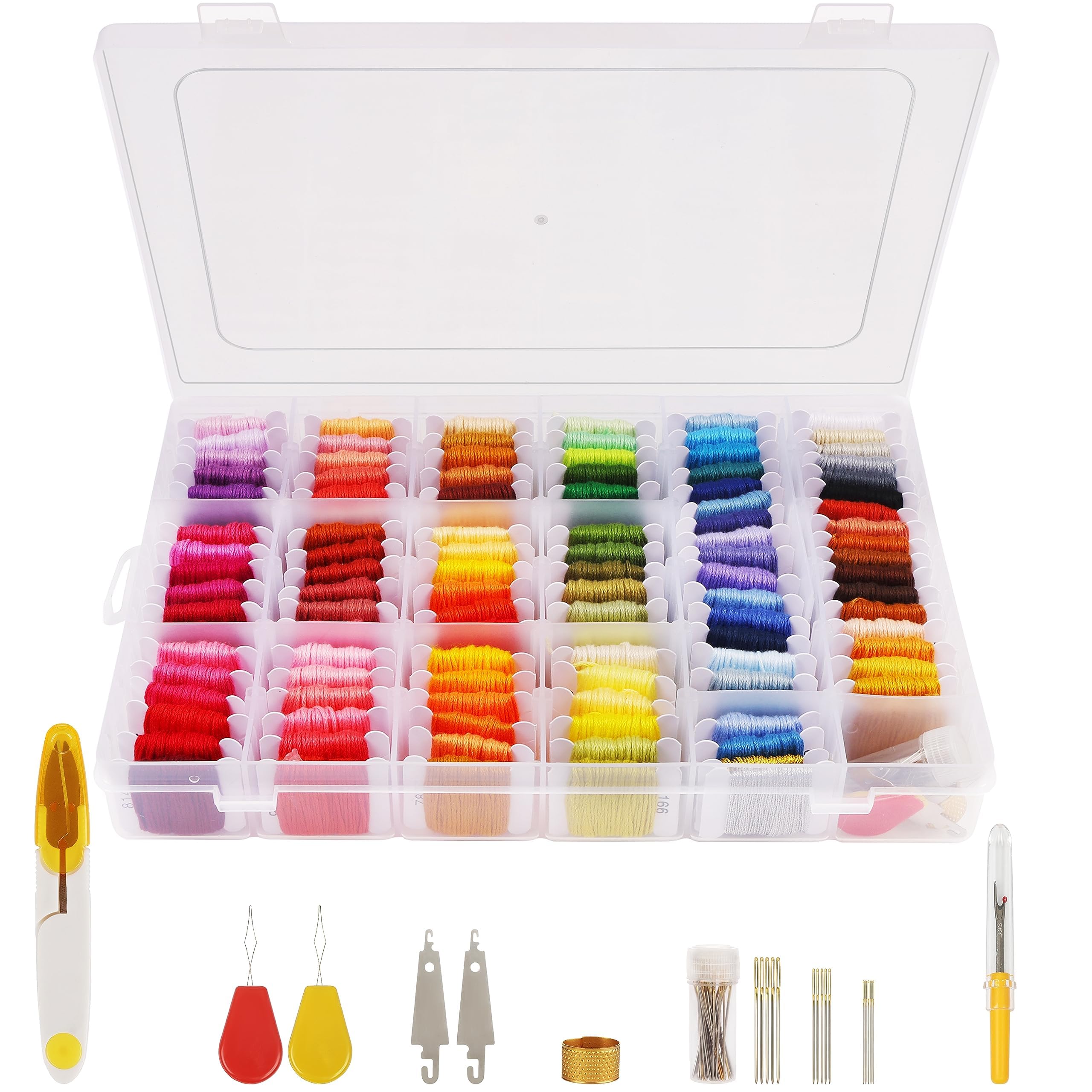 Handi Stitch 148 Piece Embroidery Floss Set - Cross Stitch Tool Kit with Transparent Plastic Storage Box - 110 Colour Skeins - Threads on Paper Bobbins for Friendship Bracelets & DIY Arts/Crafts