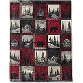 ainori Rustic Christmas Decorative Blanket, Bear Cabin Forest Patchwork Print Throw Decoration, Soft Flannel Winter Blankets for Couch Bed Sofa, Holiday Home Decor, Xmas Festival Gifts 50x60 Inch