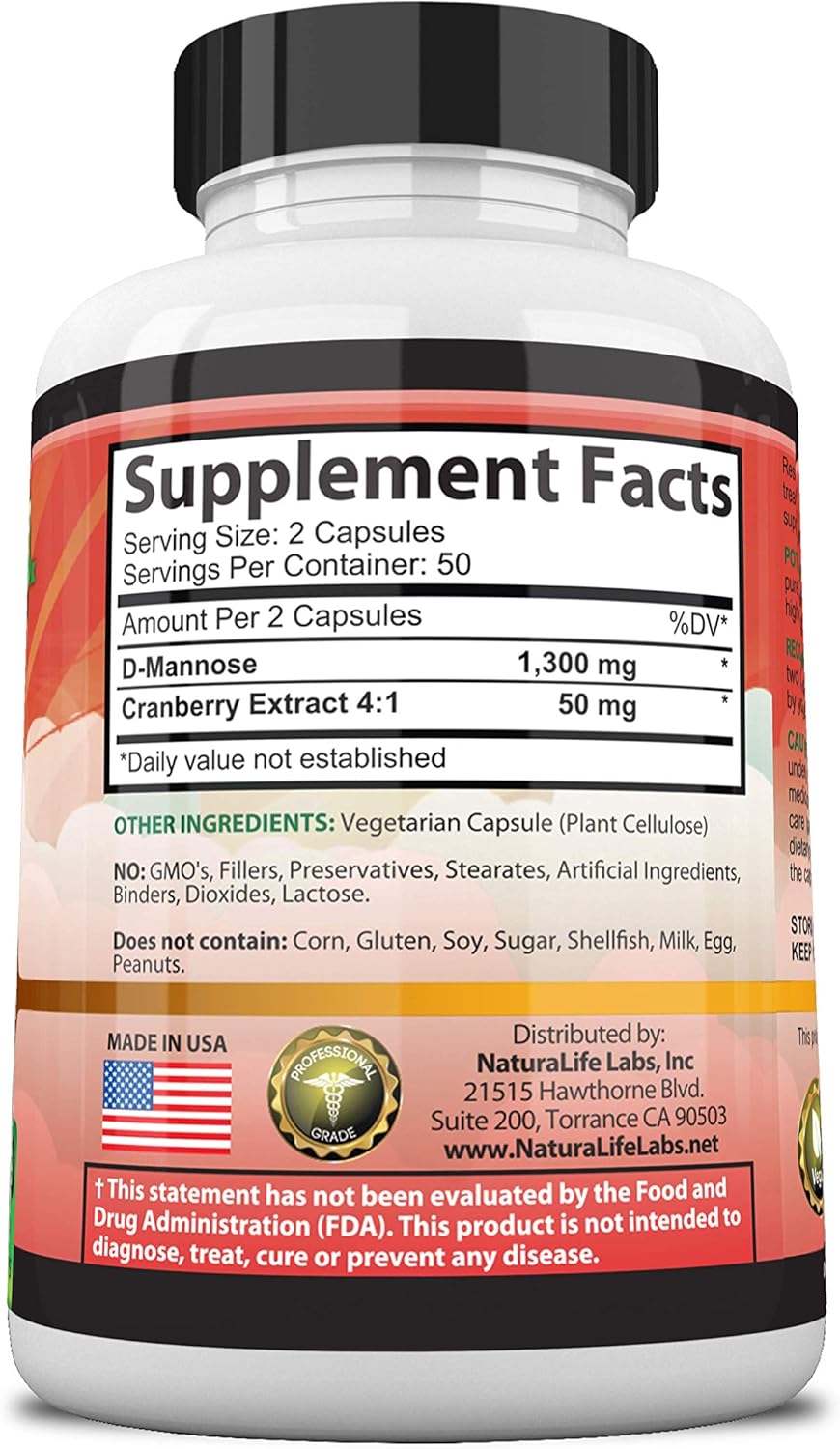 D-Mannose 1,300 mg with Cranberry Extract Fast-Acting, Flush Impurities, Natural Urinary Tract Health- 100 Veggie Capsules: Health & Personal Care