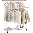 Calmootey Double Rod Clothing Garment Rack,Rolling Hanging Clothes Rack,Portable Clothes Organizer for Bedroom,Living Room,Clothing Store,Pink