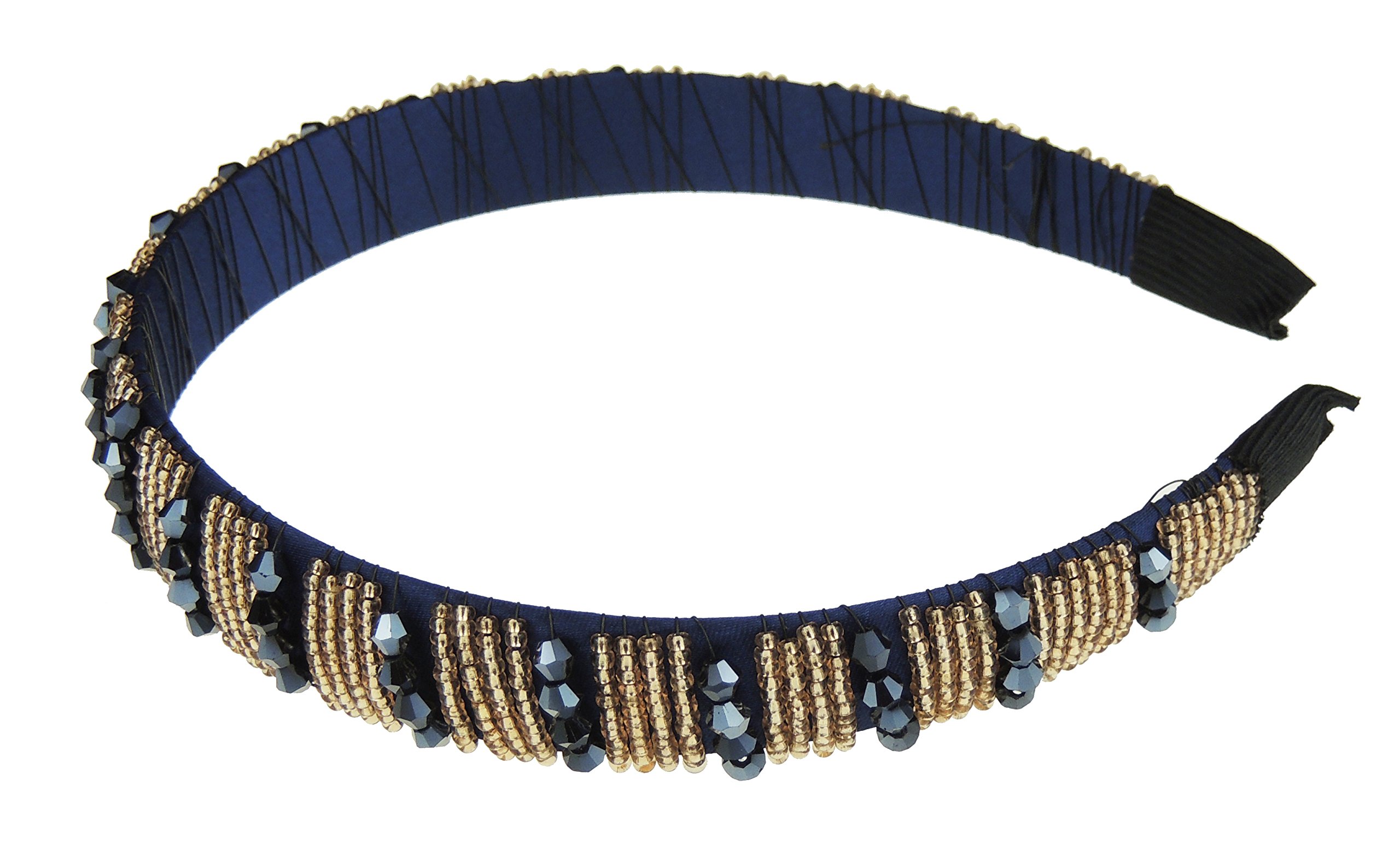 Ladies 2cm Wide Beaded Sparkly Rhinestone Headband Alice Band (Navy Gold)
