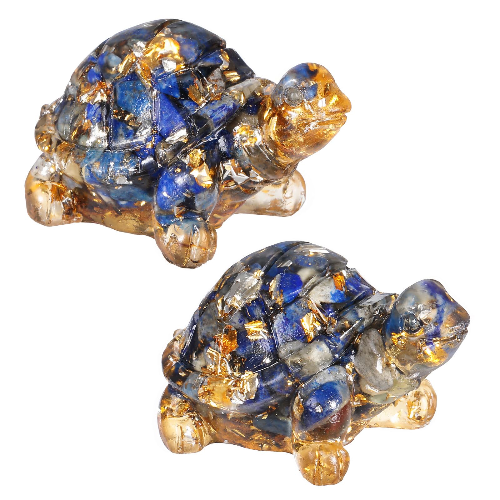 Nupuyai 2pcs Lapis Lazuli Crystal Stone Animal Turtle Statue Set, Healing Stone Figurine Resin Feng Shui Sculpture Ornament for Good Luck Wealth Home Office Decor