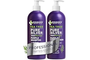 KESMEDIK Tea Tree Purple Shampoo & Conditioner Set, Professional Anti-Brass Toner, Neutralizes Yellow Tones for Grey, Silver, Ash & Bleached Highlighted Color Treated, Dry & Itchy Scalp Relief