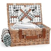 Wicker Picnic Basket Set for 2 Persons with Waterproof Picnic Blanket and Large Insulated Cooler Compartment, Willow Picnic Hamper Basket with Cutlery Service Kits for Camping, Wedding (Red)