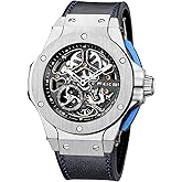 FEICE Watches for Men Skeleton Automatic Watch Men Analog with Stainless Steel Sapphire Mirror Black Silicone Strap FM701