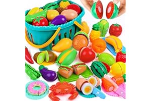 OCATO 70PCS Cutting Play Food Sets for Kids Kitchen Toy Food Cutting Toys Fruits and Vegetables with Storage Basket Fake Food Pretend Play Kitchen Accessories Toys for Toddlers Boys Girls Xmas Gifts