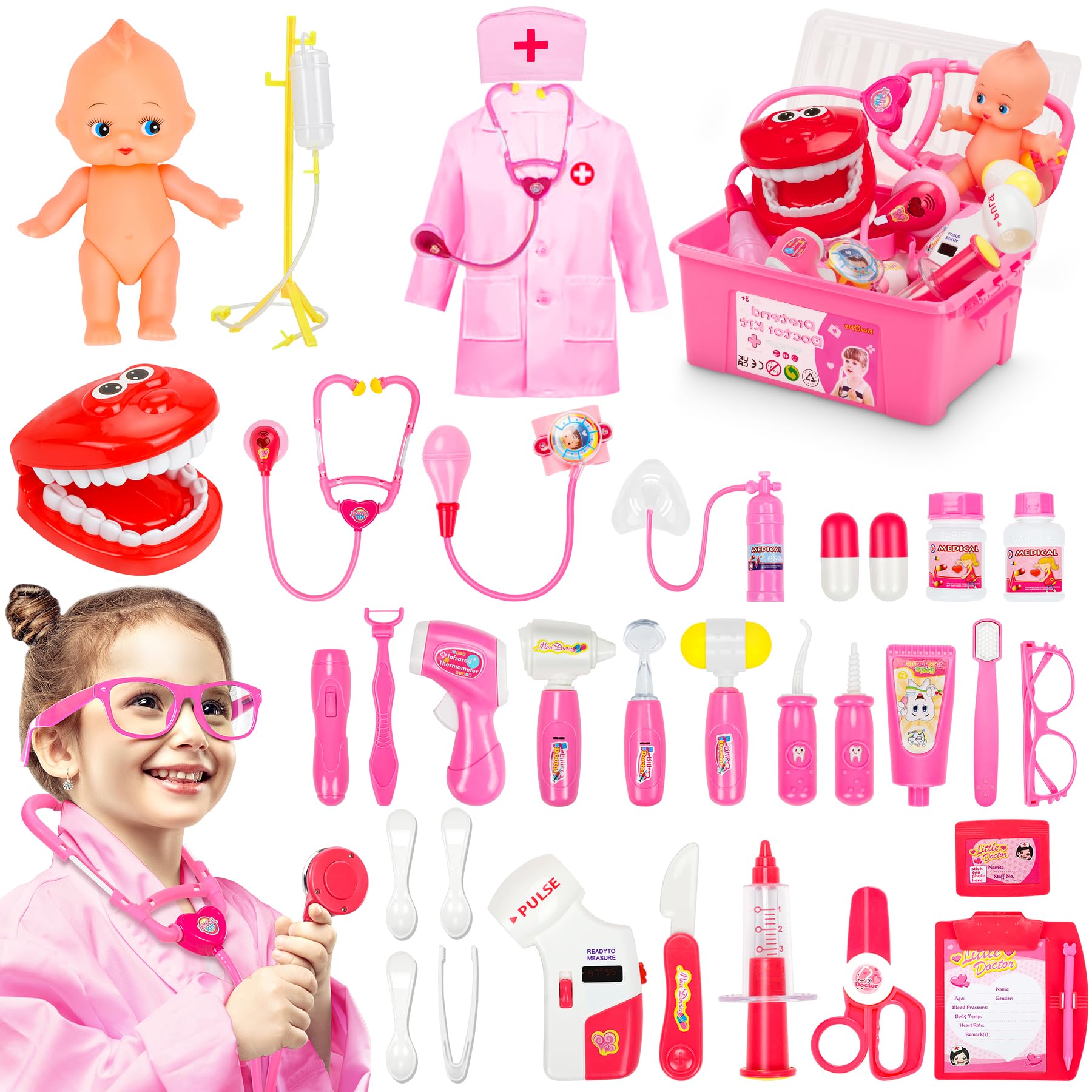 Fivejoy Doctors Set for Kids Age 3, Dentist Toys for Kids with Simulation Stethoscope, Pretend Role Play Medical Kit Educational Toys Gifts for 2 3 4 5 Year Old Toddlers Girls Boys