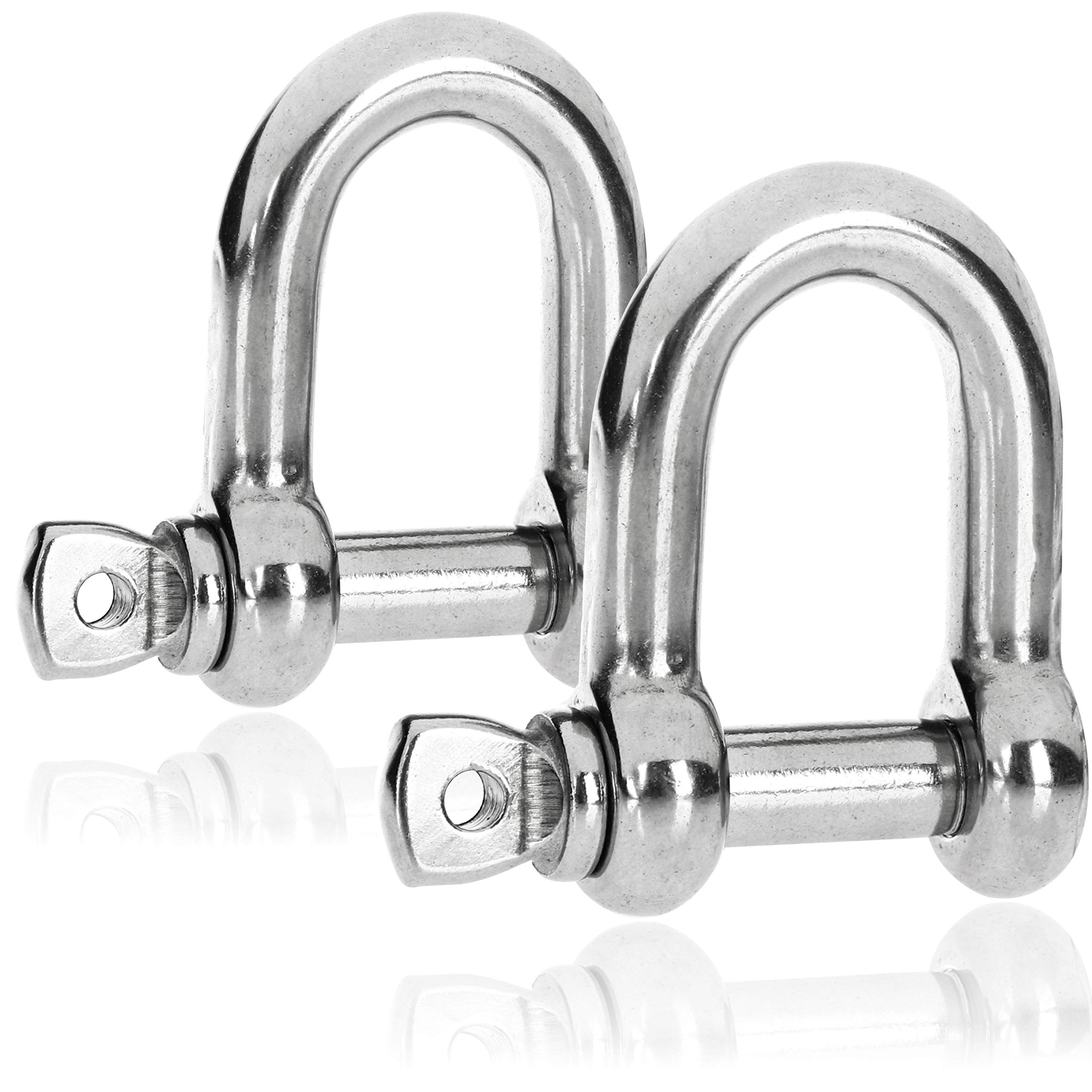 com-four® 2x D-shaped shackles - large shackles snap hooks with screw lock - shackles with eyebolts - stainless steel 304-10 x 60 mm (2 pieces - 10 x 60mm - D-shape)