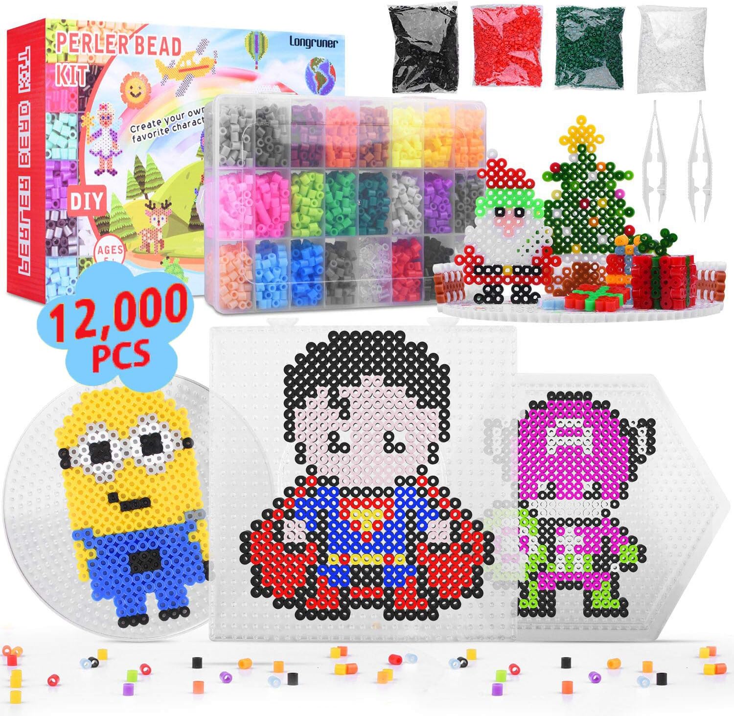 Longruner 12000 24 Colors Fuse Beads Kit 5mm DIY Art Craft Kids with 3 Pegboards