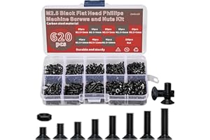 Zmbroll 620 Pcs M2.5 Flat Head Machine Screws Black Phillips Screws Bolts Nuts Assortment Kit M2.5 x 3mm/4mm/5mm/6mm/8mm/10mm/12mm/14mm