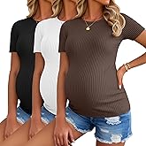 Ficerd 3 Pack Women's Maternity Shirts Short Sleeve Ribbed Pregnancy Tops Crew Neck Basic Tees Summer Mama Clothes