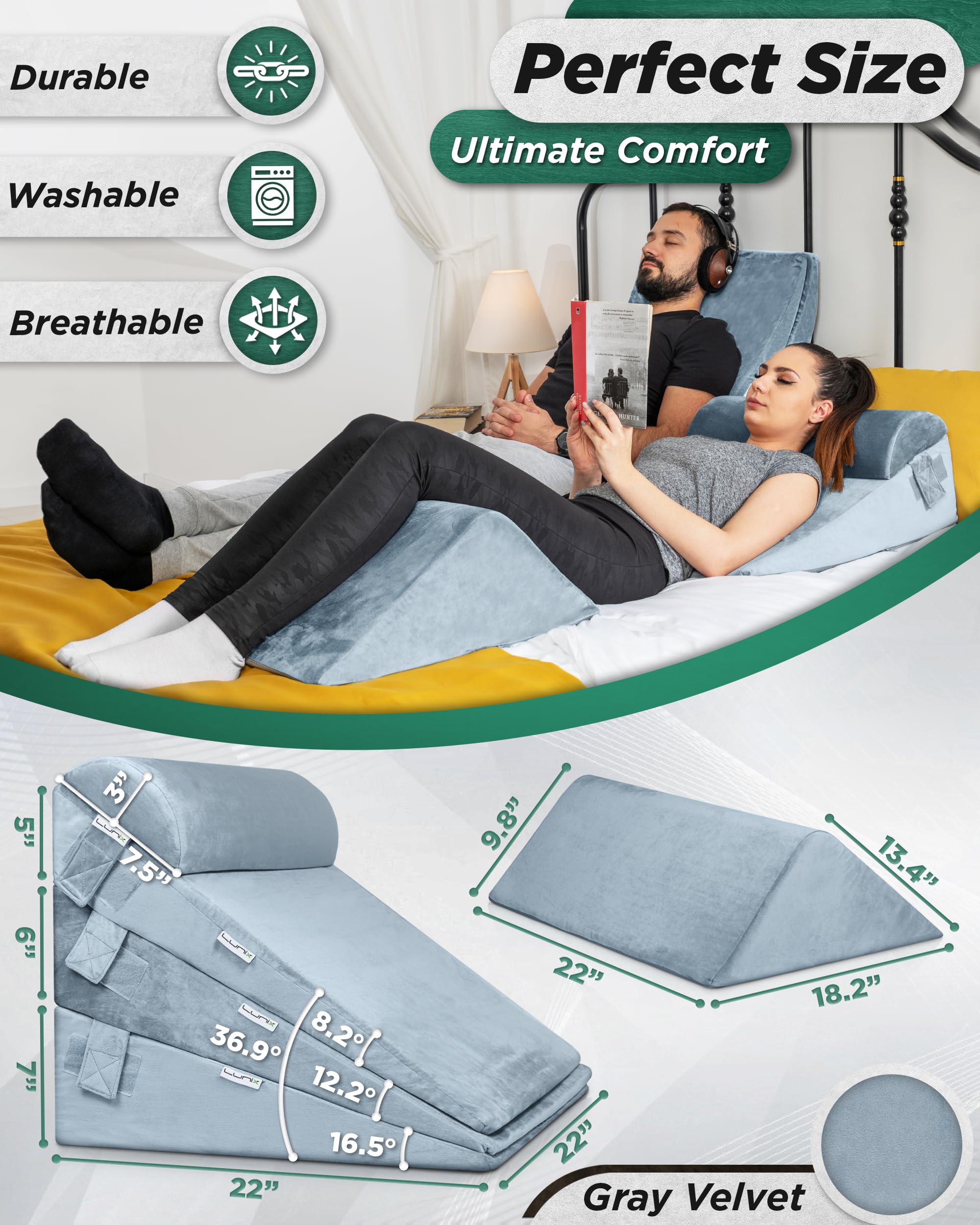 Lunix 5pcs Orthopedic Bed Wedge Pillow Set, Post Surgery Memory Foam for Back, Leg, and Knee Pain Relief, Adjustable Sitting Pillow for Sleeping, Acid Reflux, and GERD, with Hot Cold Pack, Gray