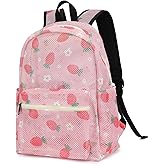 Xunteny Strawberry Mesh Backpack for Girls Women, Semi-Transparent Kids School Backpack College Bookbag for Beach Gym Travel