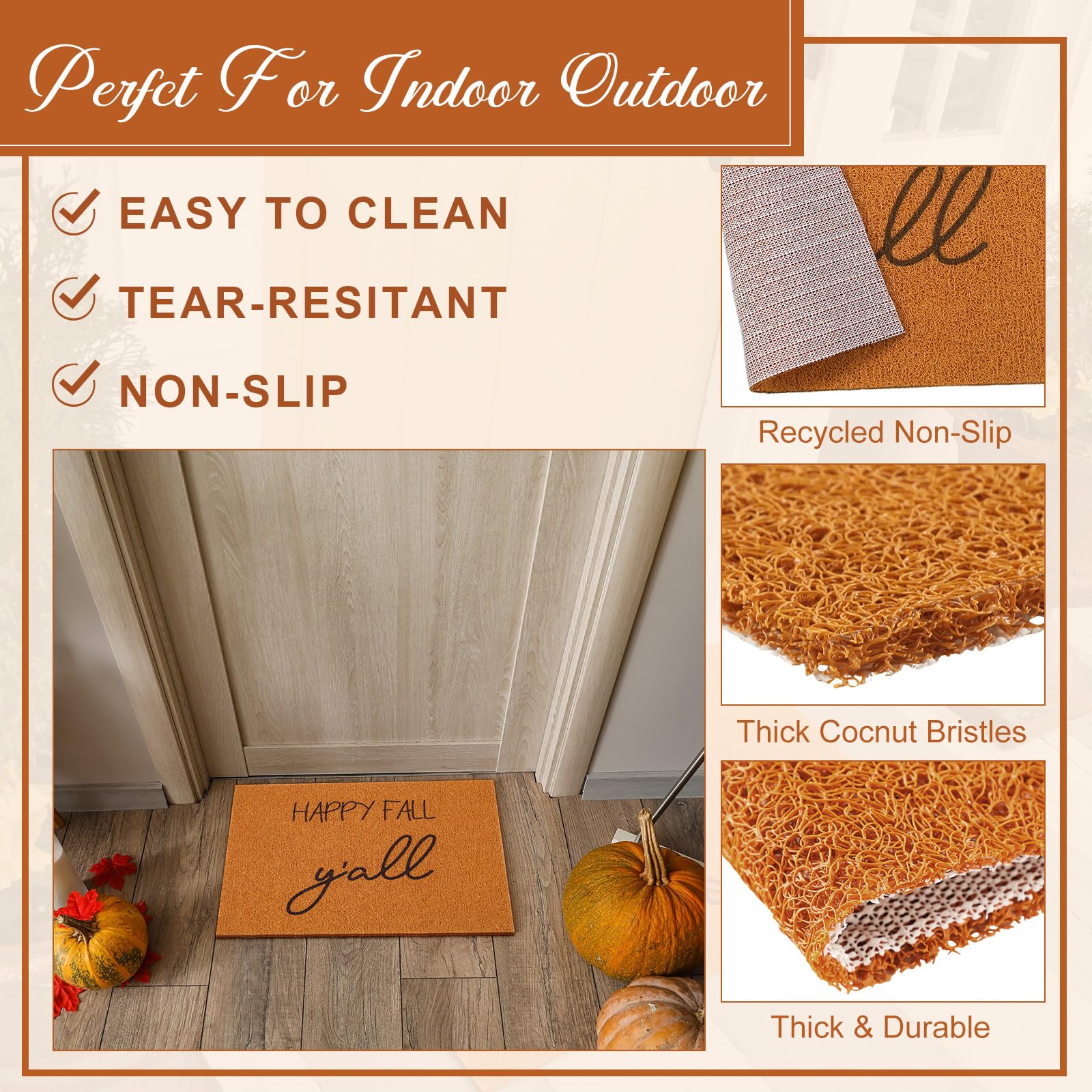 Tinideya 2 Pcs Fall Front Door Welcome Doormat Set Includes 24 x 35 Black and White Striped Mat 16 x 24 Welcome Mat Coir Door Mat Autumn Doormat Washable for Outdoor Indoor Entrance(Happy Fall) - Image 4