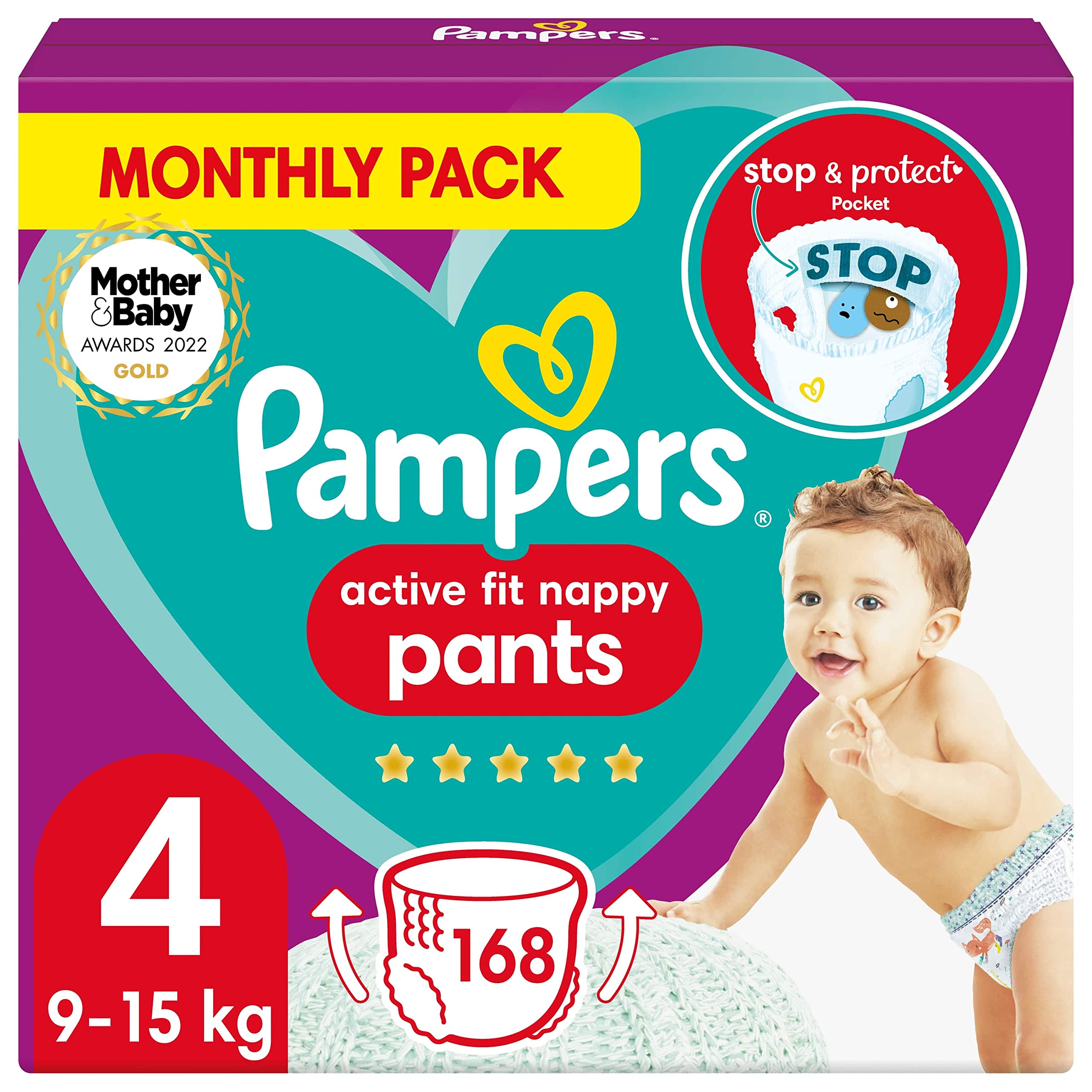Pampers Baby Nappy Pants Size 4 (9-15kg), Active Fit, 168 Nappies, MONTHLY SAVINGS PACK, Pampers’ Trusted Fit and Comfort For Your Wild Child