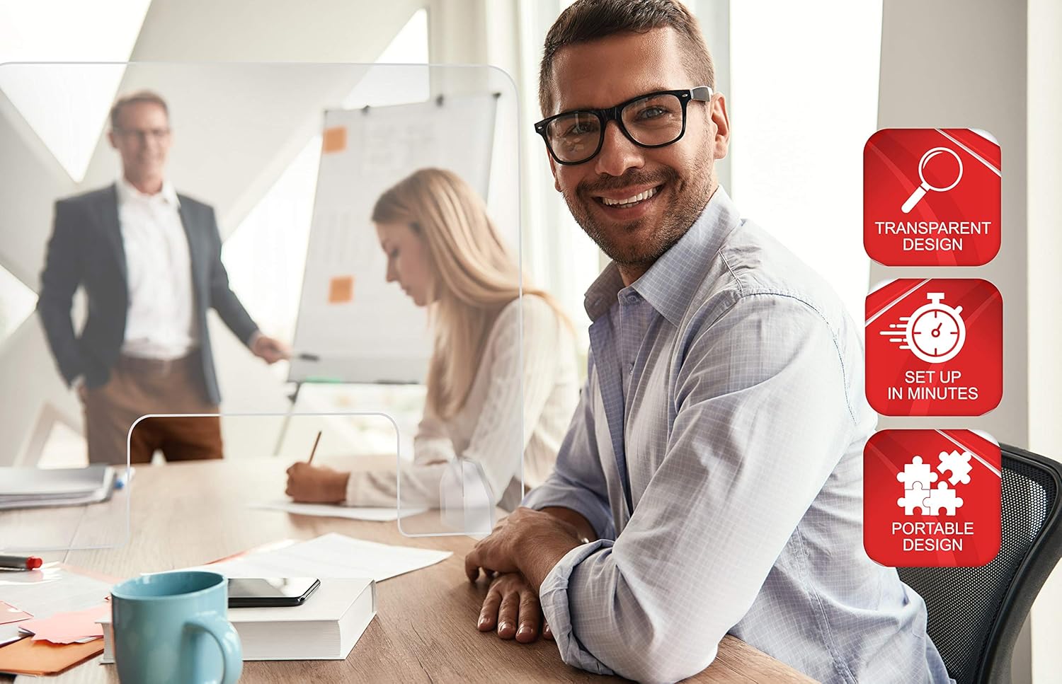 Countertop Desk Sneeze Guard- Protective Partition, Plexiglass Shield Barrier for Coughing, Sneezing, Droplets - Acrylic Divider Panel (42" Wide x 24" High) : Office Products